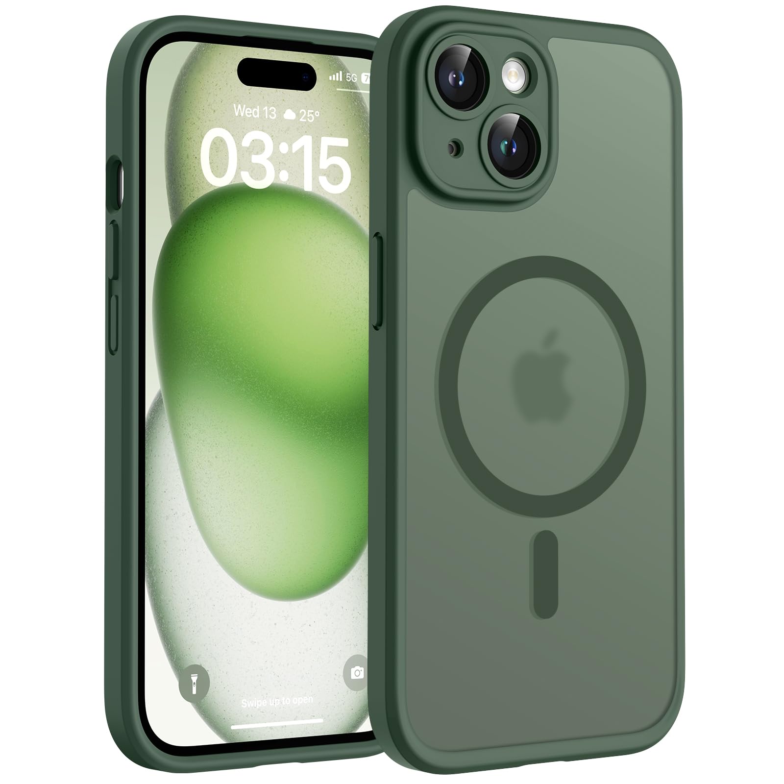 TOCOL Cover Magnetica per iPhone 15 6,1 Pollic, Compatibile con MagSafe, Protezione Fotocamera Integrata, Custodia Antiurto Traslucida Opaca, Verde Alpino