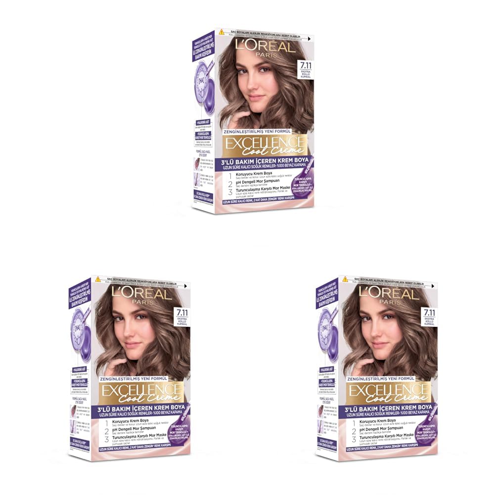 L'Oreal Paris Excellence Cool Creme 7.11 Ekstra Küllü Kumral Saç Boyası (3 paketi)