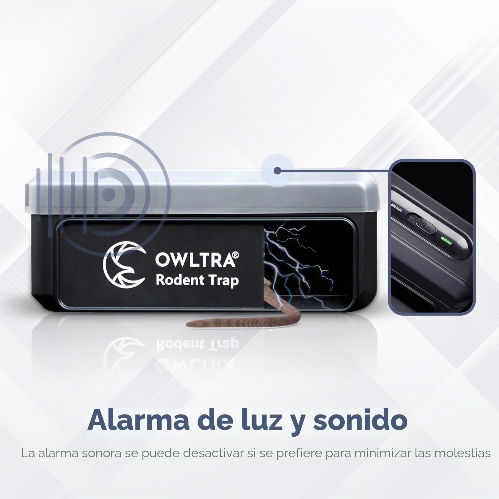 OWLTRA OW-7 Trampa eléctrica para roedores para interiores y exteriores, trampa instantánea para ratones y ratas con cubierta impermeable, alarma de sonido y luz, batería o fuente de alimentación USB,