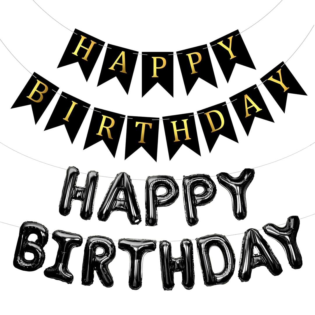 Happy Birthday Banner and Balloon Decoration Birthday Sign for Wall Part Supplies 3D balloon Mylar Foil Lettering (Black-Black)