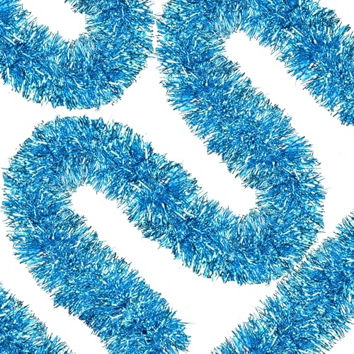 Image of 50 Ft Christmas Tinsel Garland Sky Blue Thick Tinsel Garland Xmas Tree Decorations Metallic Tinsel Twist Garland for Christmas, Birthday, Party Decor Indoor Outdoor Party Supplies