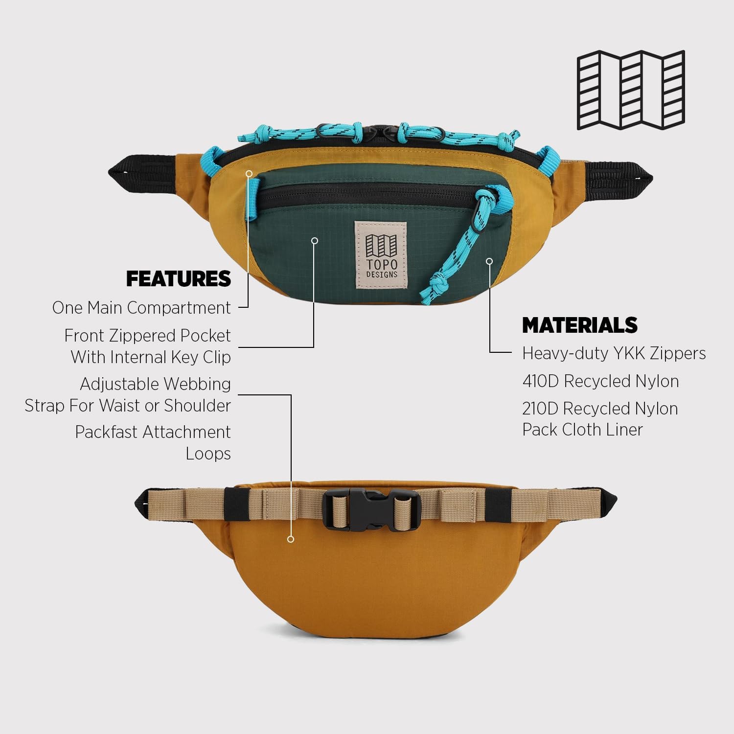 Topo Designs, Unisex, Mountain Waist Pack, Mustard/Forest, One Size