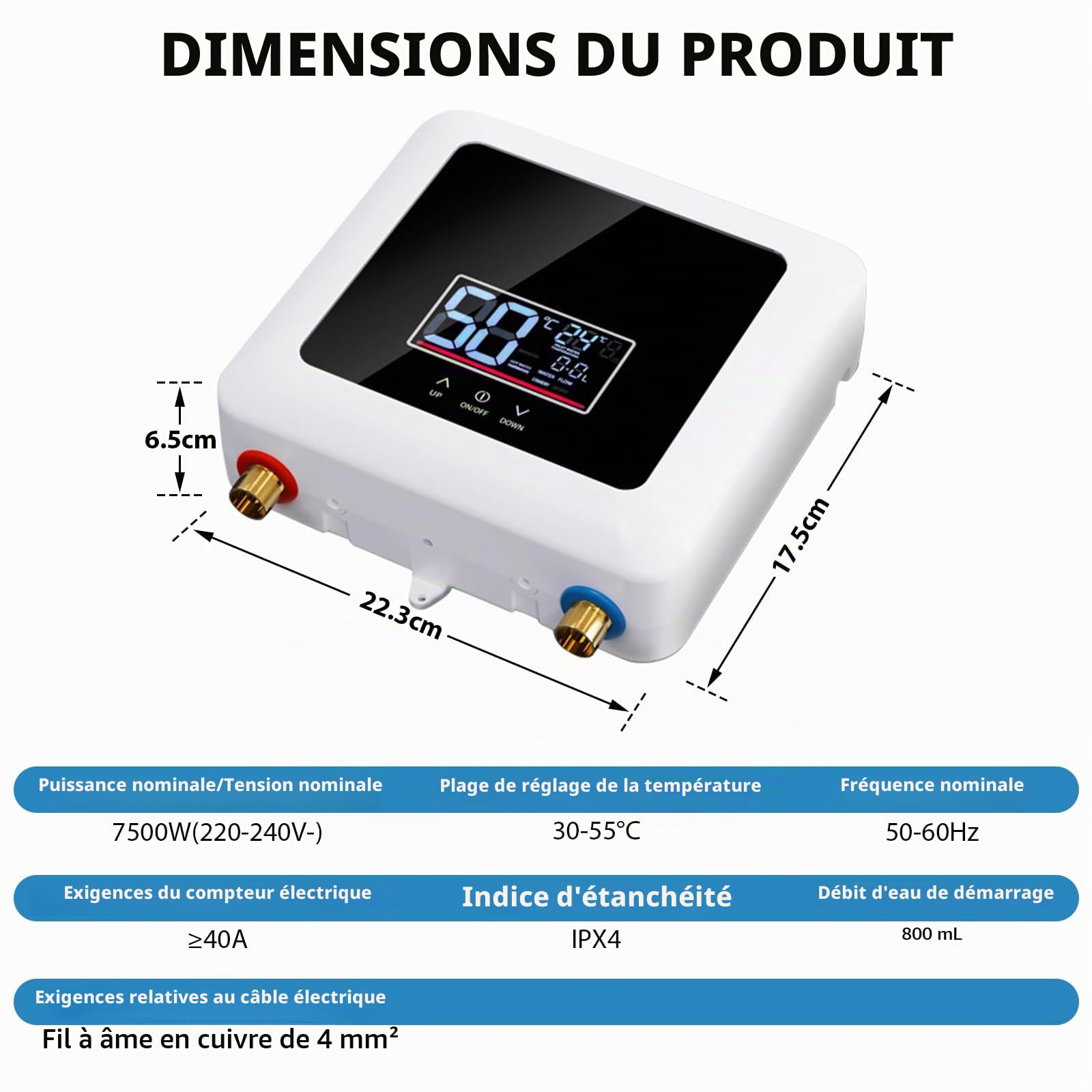 Chauffe-eau électriques 220V 7500W, Chauffe-eau électrique sans réservoir | Petit chauffe-eau instantané électrique économie d'eau Avec écran numérique, Pour cuisine, salle de bain, lavage (White)