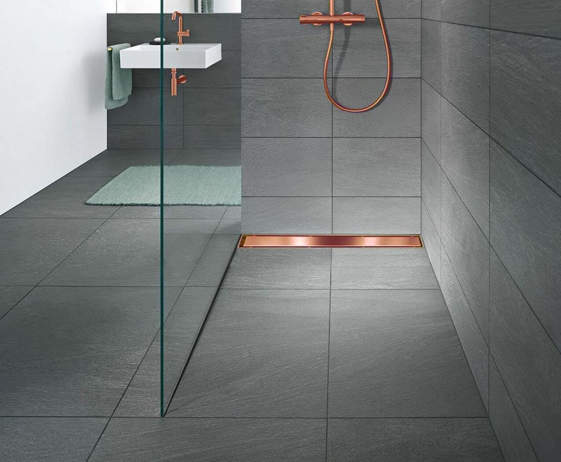 Desagüe lineal de acero inoxidable 2 en 1, juego completo para cuarto de baño con ducha, desagüe de ducha, desagüe de ducha con sifón, doble cara, 80 cm, color cobre