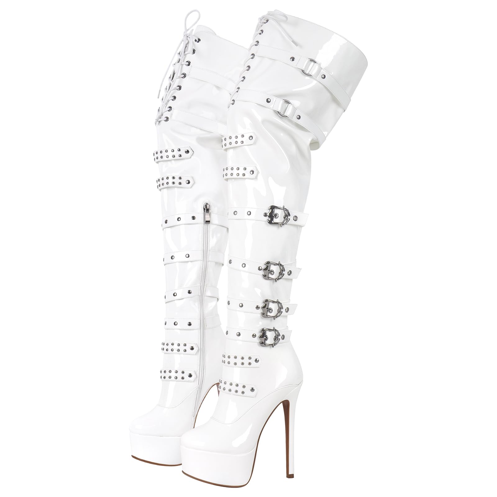 richealnini Women's Platform Thigh High Boots with Zippers and Rivets Lace Up Buckle Heels Over Knee High Boots