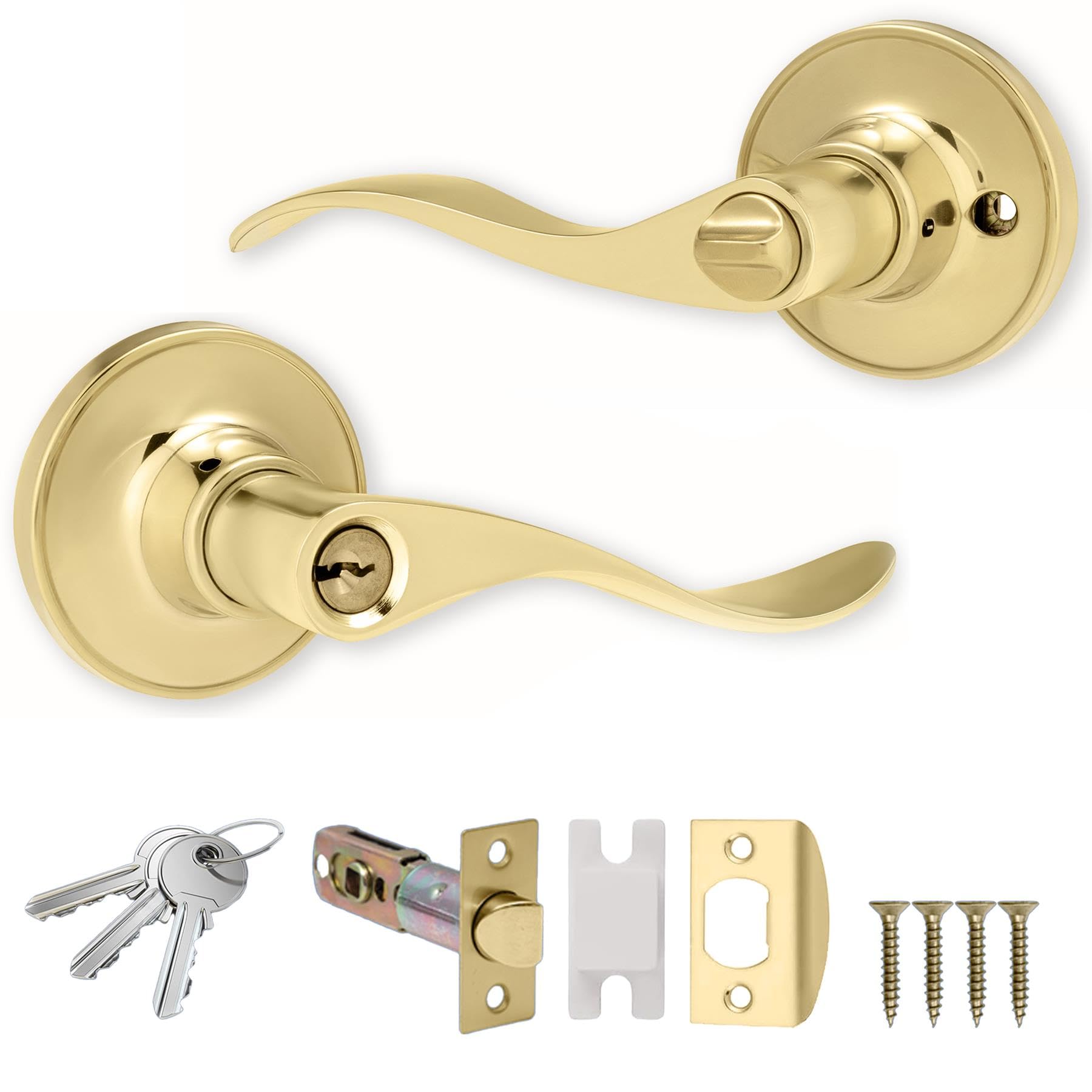 Xfort Polished Brass Cabriole Entrance Knob Set Door Knob With Lock For Internal Wooden Doors, Complete Set With Tubular Latch And 3 Keys