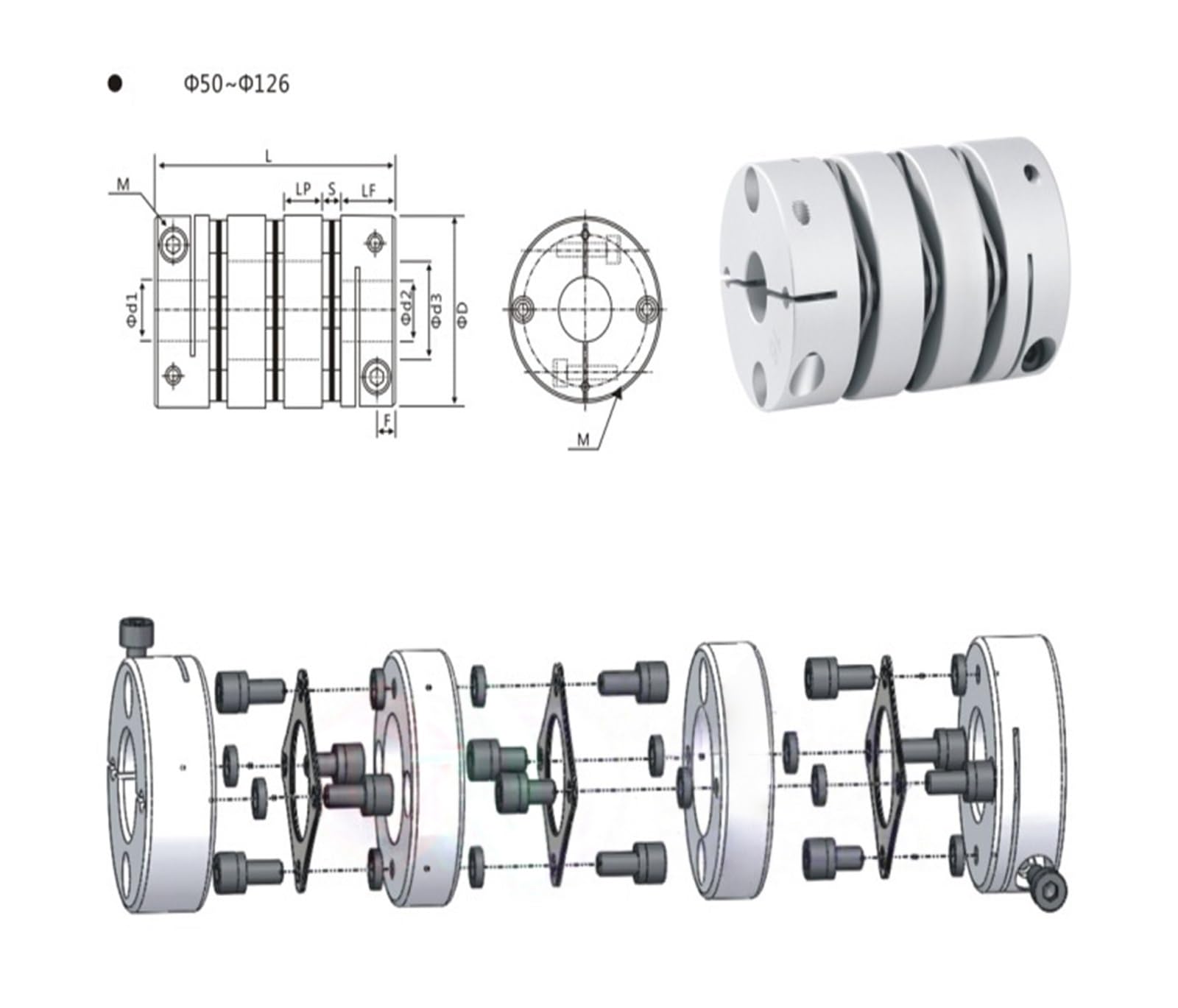 Accouplements d'arbres à trois diaphragmes en alliage d'aluminium, série GW D34L58