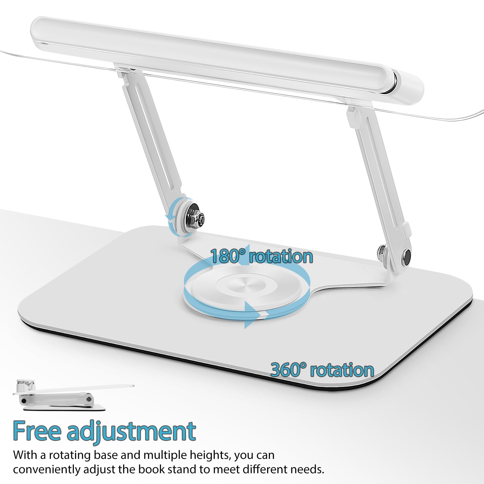 Lurrose Leggio Regolabile per Libri e Laptop con Base Girevole 360°, Supporto da Scrivania in Acrilico e Metallo 36,8x34 Cm con Fermalibri per Lettura a Mani Libere e Uso Multifunzionale