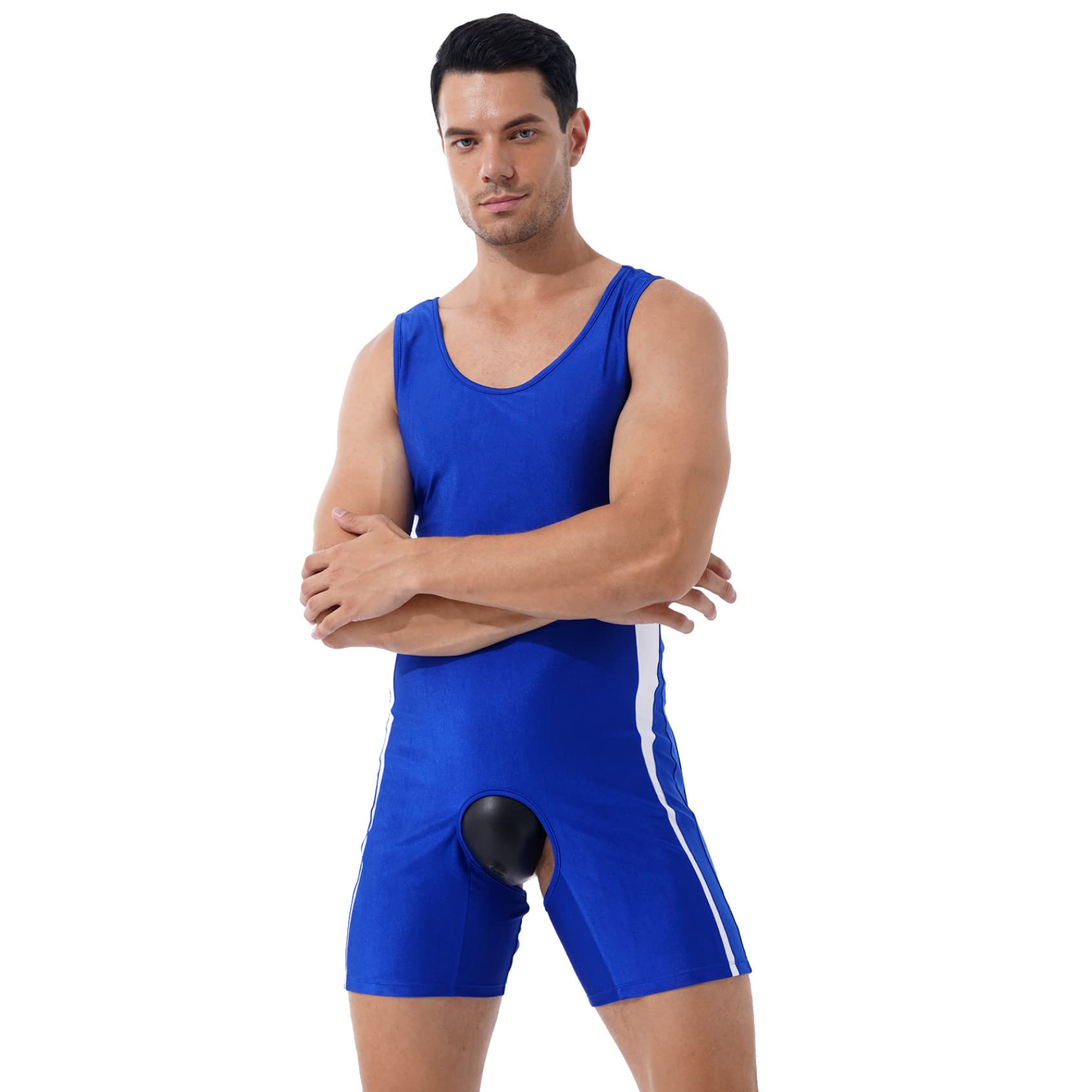 Daenrui Men's Wrestling Singlet One-Piece Bodysuit Jumpsuit Sleeveless Mankini Romper Swimwear Blue X-Large