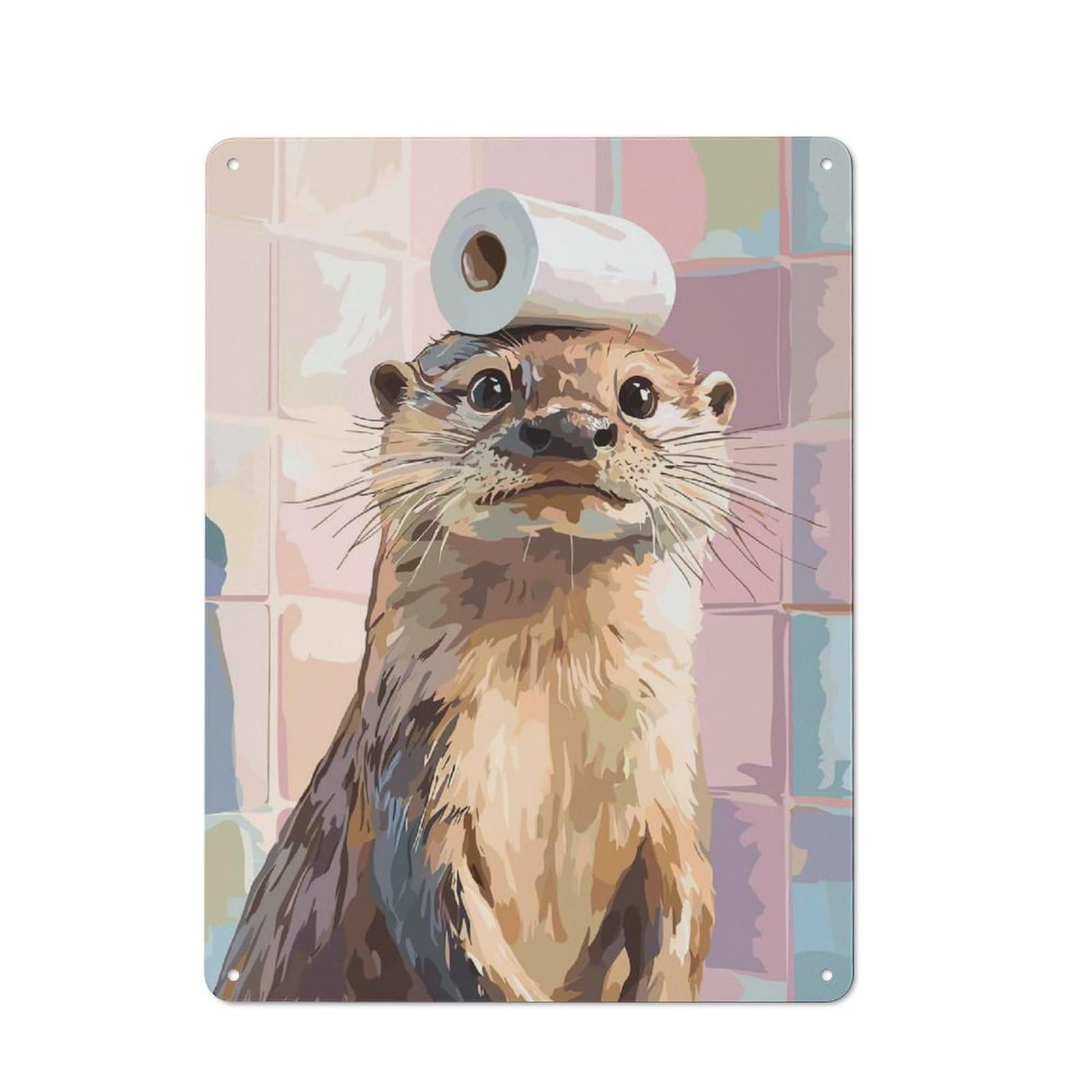 Junmoney Style-4 Retro Metal Wall Sign 40X30cm With Otter With Toilet Paper On Head For Hallway Wall, Suited To Hallway Decor Lovers