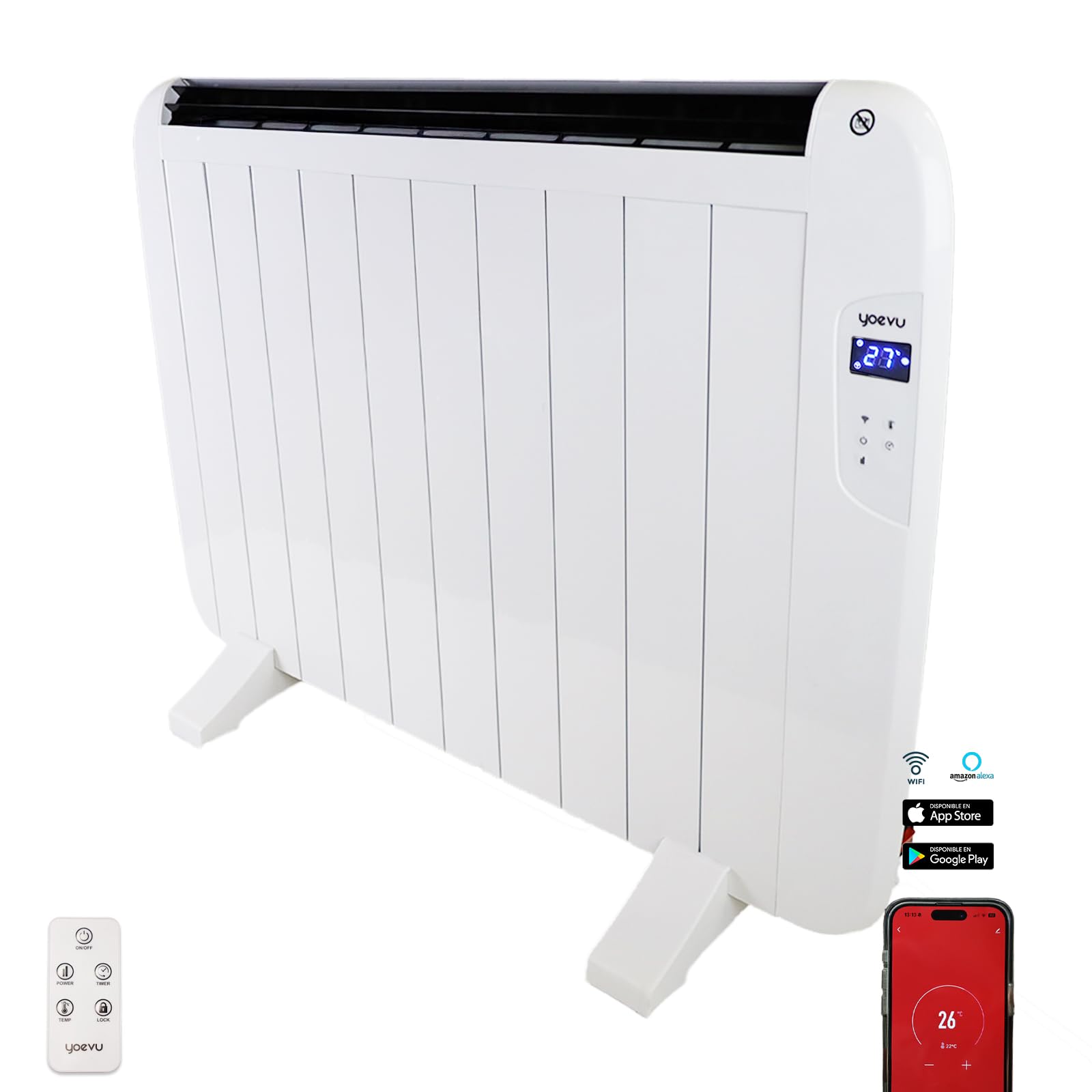 YOEVU - 1500W Aluminium Wifi Thermal Transmitter | Voice Control and Mobile App | Low consumption, Quiet and Programmable | Ideal for Medium Rooms | White