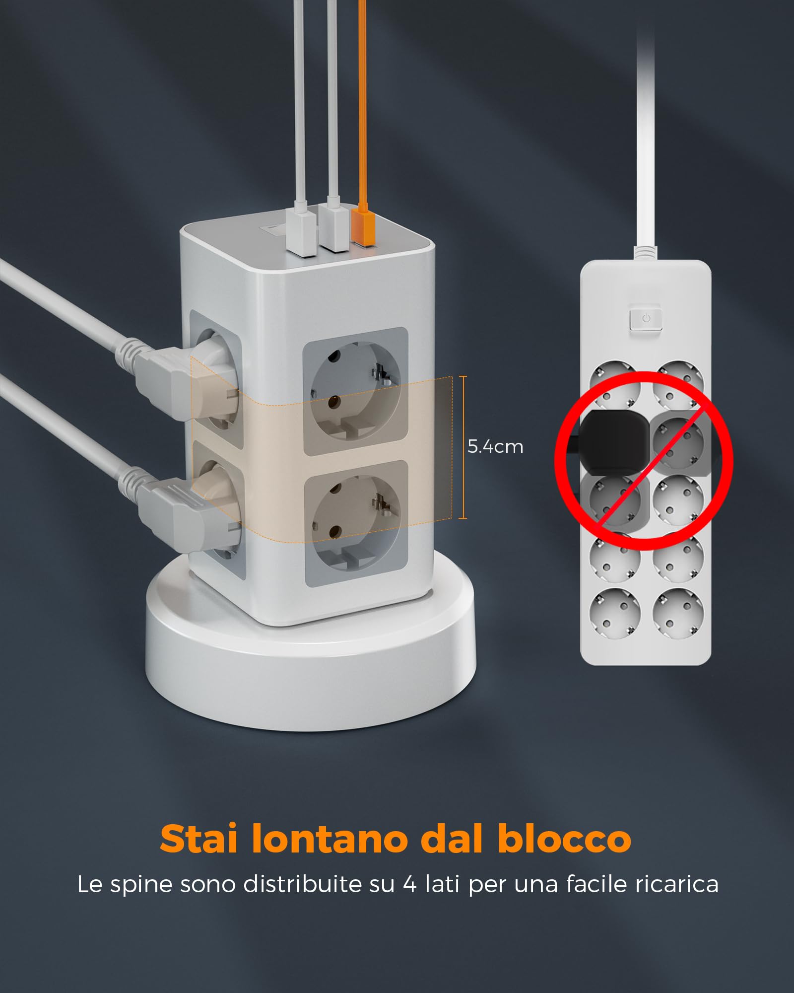 TESSAN Ciabatta Multipresa con 1 USB C, Ciabatta Elettrica con 8 Presa, Prolunga Retrattile 2M, Torretta Multipresa da Scrivania con 1 Interruttori Indipendenti, Girgio