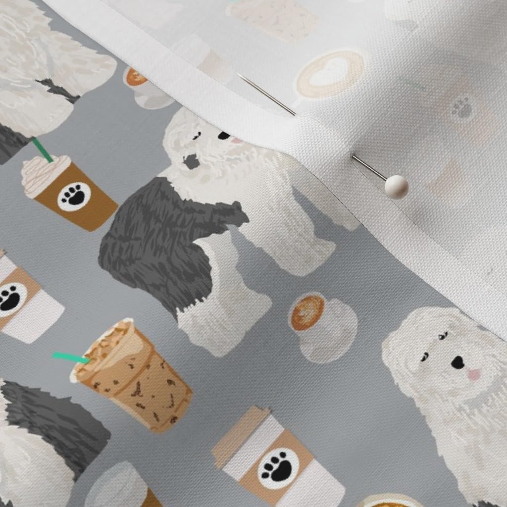 Spoonflower Fabric - Old English Sheepdog Cute Coffees Print Dogs Sheepdogs Coffee Gray Pet Printed on Petal Signature Cotton Fabric by The Yard - Sewing Quilting Apparel Crafts Decor