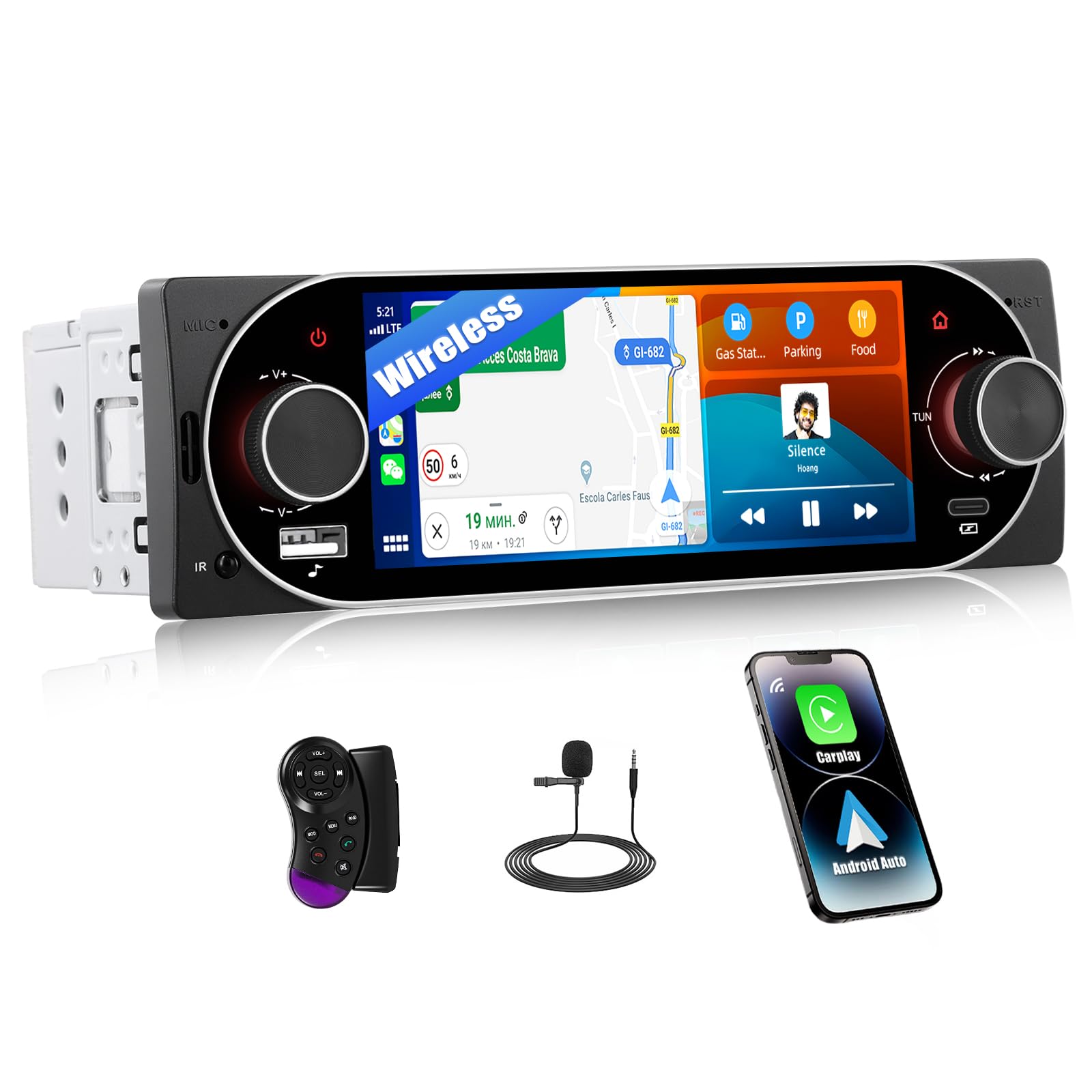 SIXWIN Autoradio 1 DIN Wireless Carplay et Android Auto, 5 Pouces HD Ecran Tactile Poste Radio Soutien Lien Miroir pour iOS/Android SWC Bluetooth 5.2/USB/Type-C/FM/EQ+Commande Volant