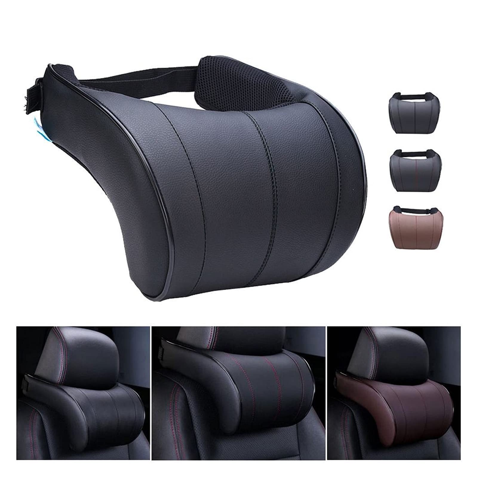 PU Cuero Auto Coche Cuello Almohada Espuma viscoelástica Relleno Asiento Reposacabezas Cojín Reposacabezas Protección para la Cabeza Soporte para el Cuello Almohada (Color : Black)