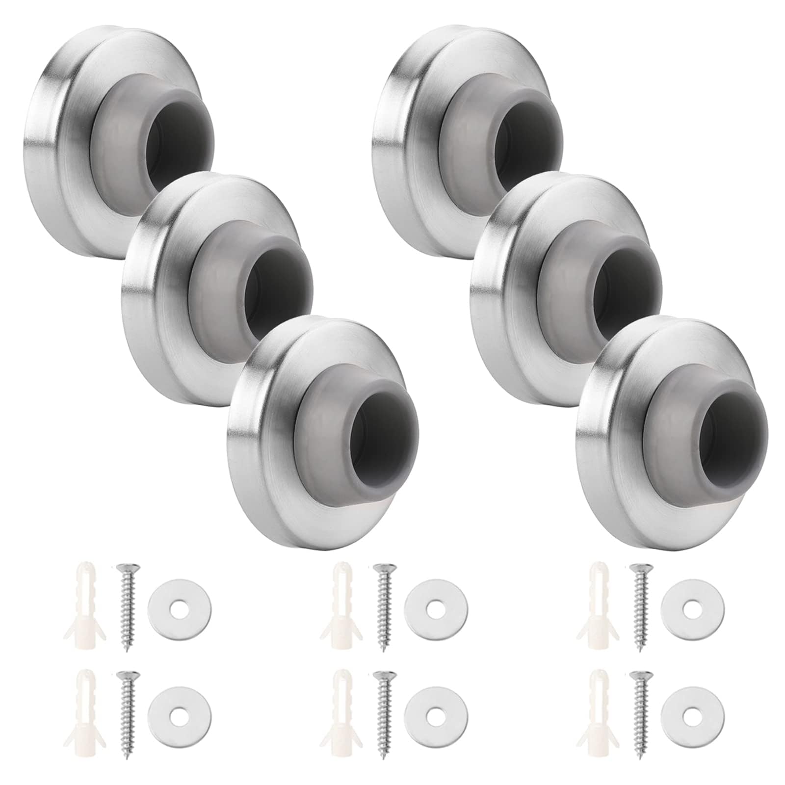 6pcs Concave Wall Door Stopper Bumper Door Stop Wall Mount Protector Stainless Round Rubber Handle Stoppers Knob Prevent Door Handle Damage Shield Walls (Grey)