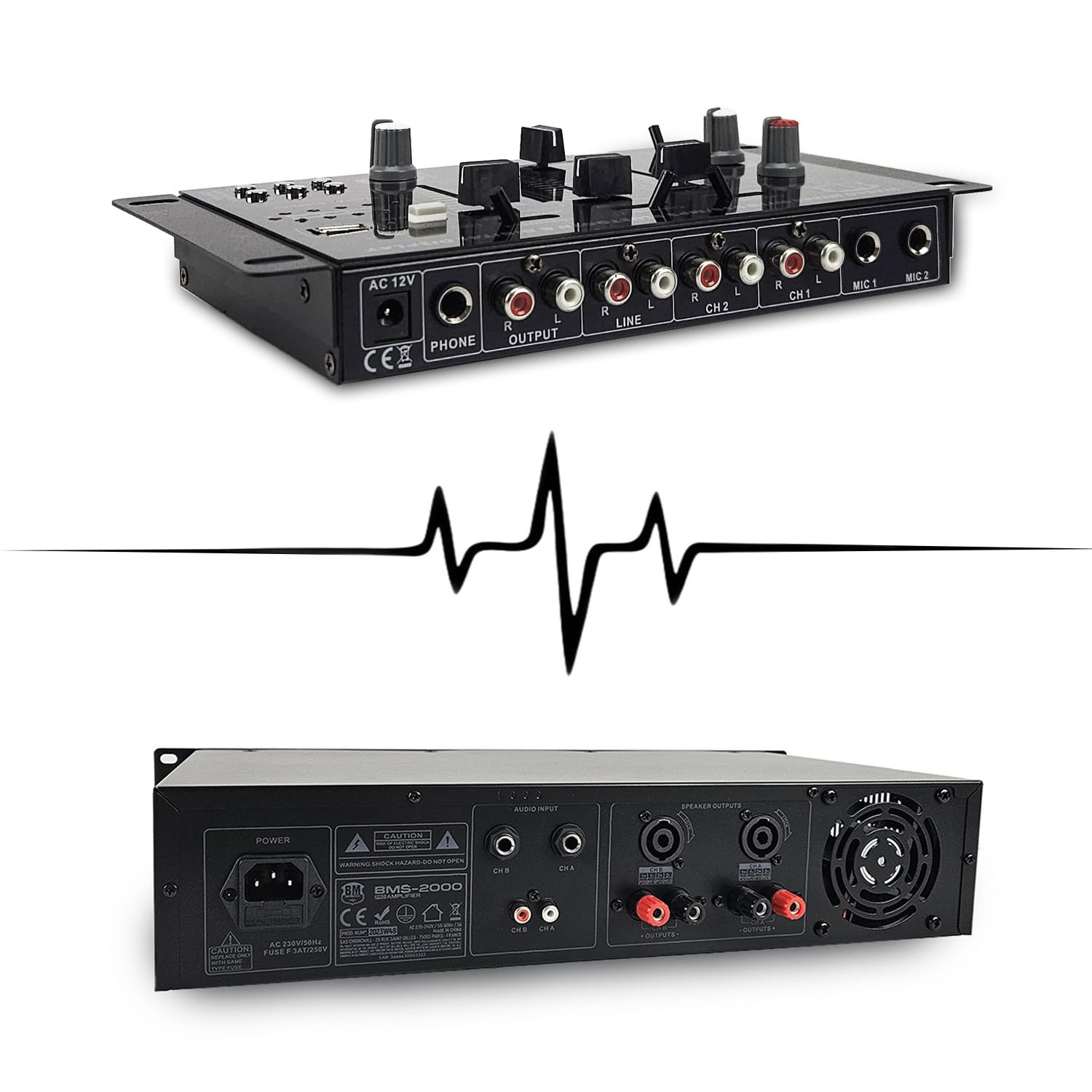 Pack Sono Complet 3200W BM Bmsonic Ampli 2000W, Paire d'Enceintes 2x600W, Table de Mixage, Portique 4 Lumières Xperformer OVNI LED