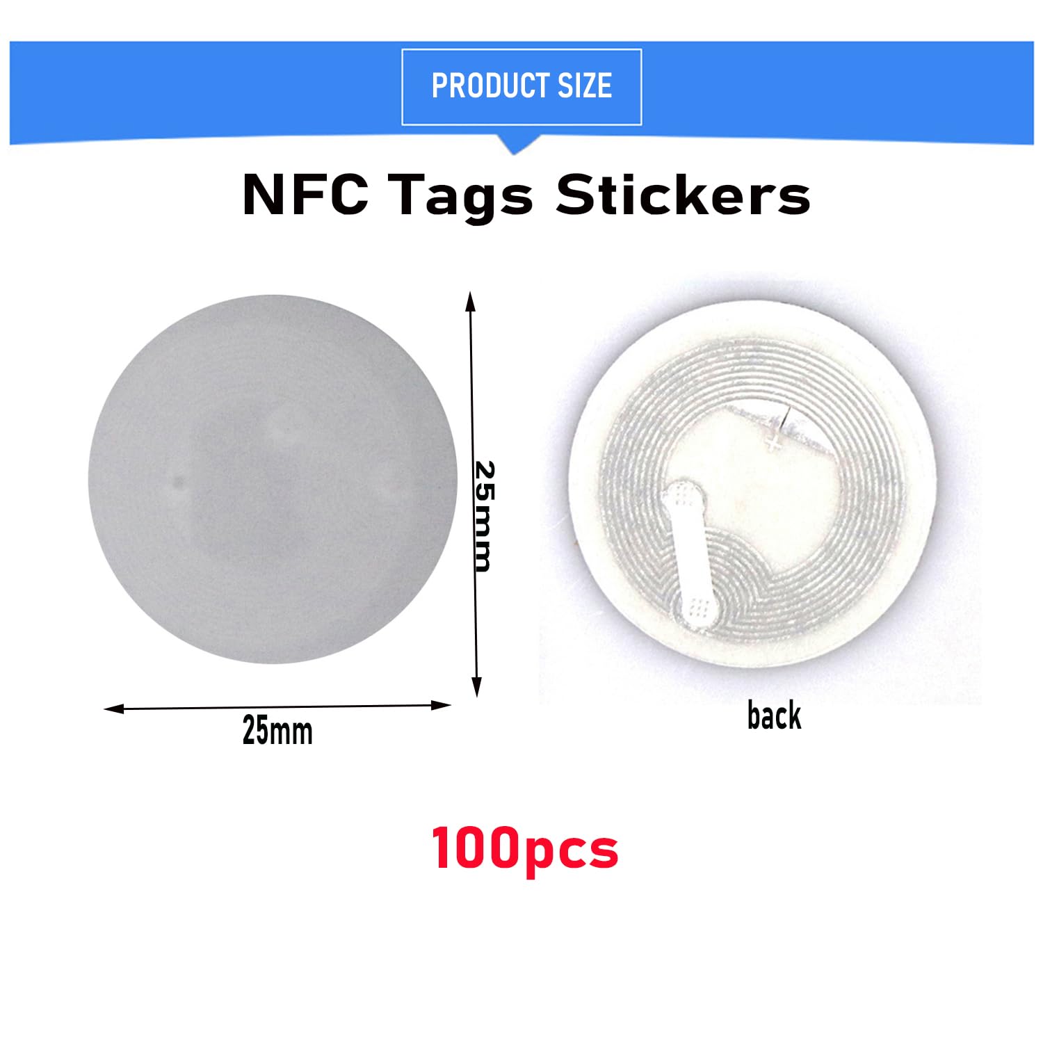YAVIS 100 Packung NFC Sticker, leere 25mm RFID IC 13,56 MHz weiße NFC-Karte, NTAG215 504Byte Aufkleber NFC Tag Sticker, geeignet für alle NFC-fähigen Telefone und Geräte