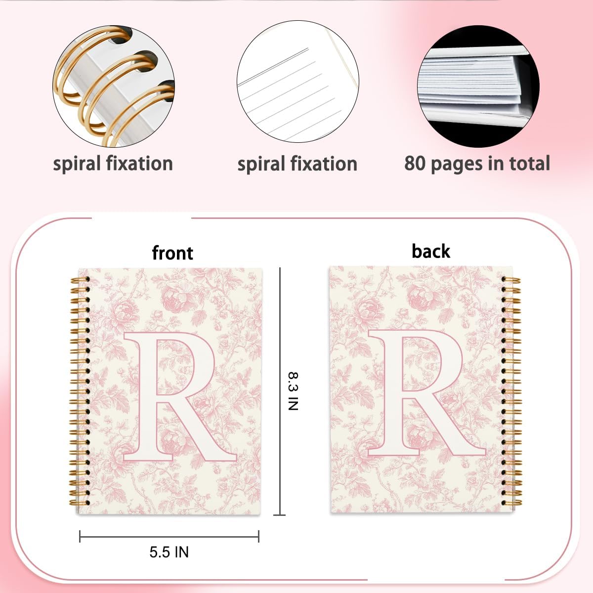 Pink Initial Notebook Embroidered R, Teacher Journal,Aesthetic Notebook, Monogrammed Personalized Stationery Gifts for Women,Preppy School Supplies for Girls 5.5x8.3 - Image 6