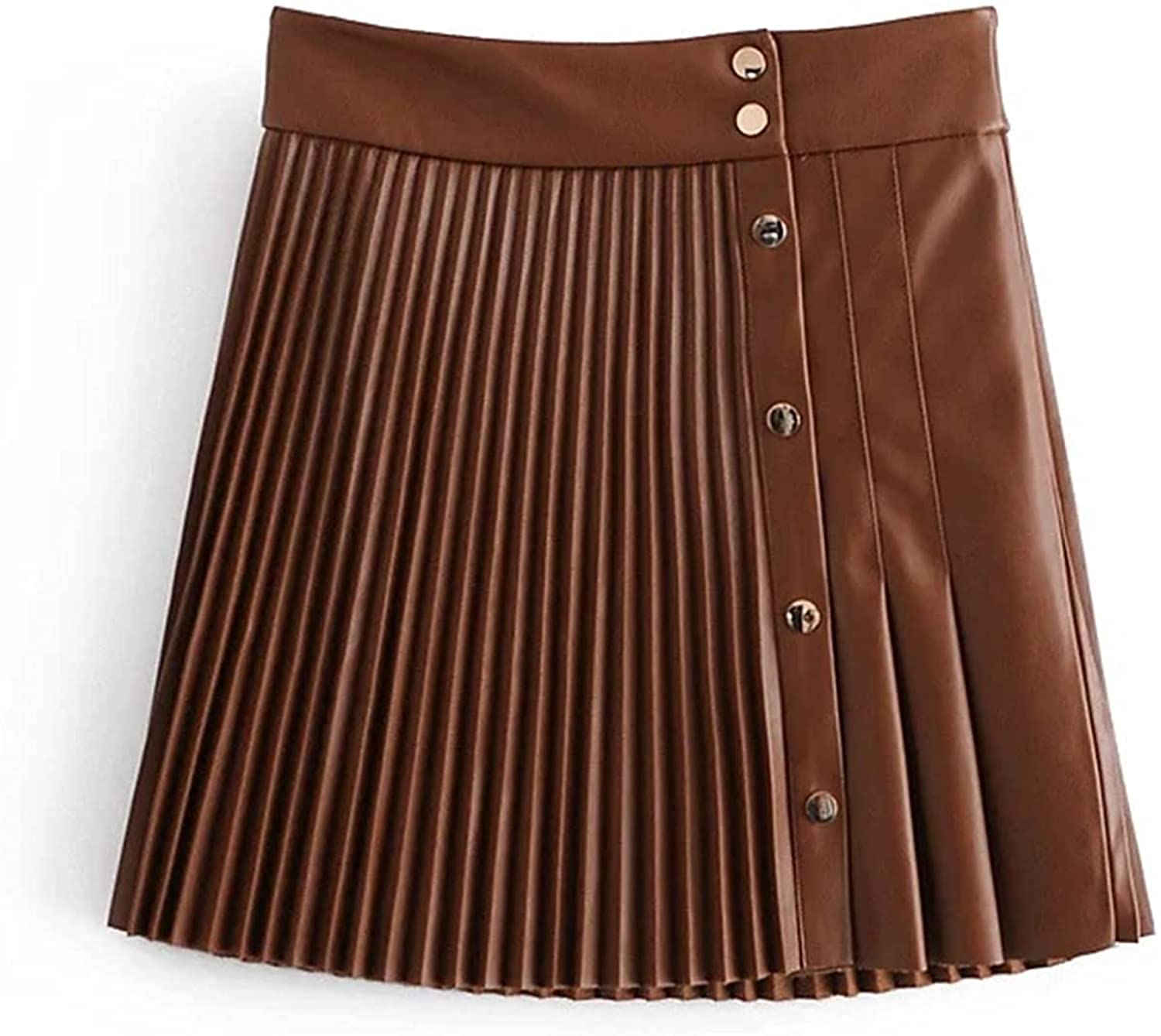 Faldas plisadas fiables para mujer, de cintura alta, falda corta, de piel sintética, para otoño e invierno, minifalda de línea A (color: color café, tamaño: XS)