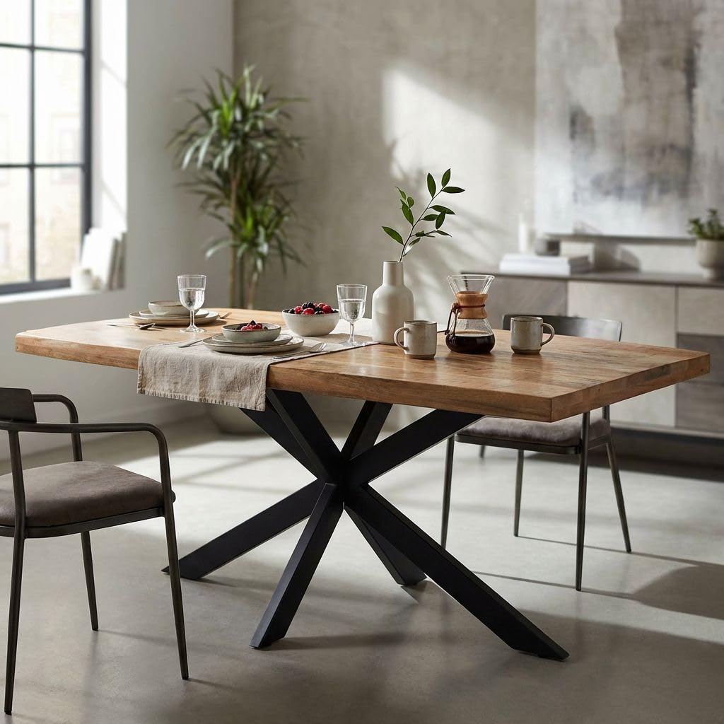 milani home - tavolo da pranzo fisso 200 x 100 x 77 cm, piano in legno massiccio mango naturale, base in metallo nero
