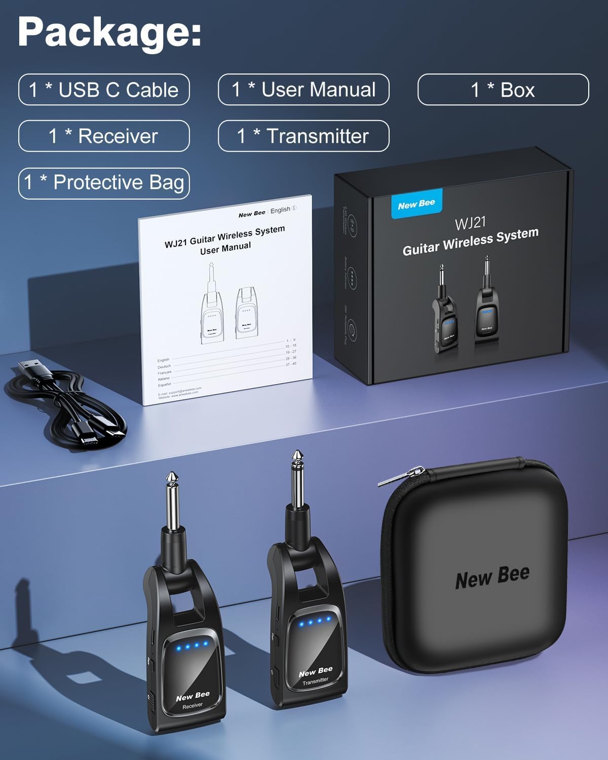 New bee Système de Guitare Sans Fil,New Bee 2.4GHz avec 6 Canaux émetteur Récepteur de Guitare Sans Fil Rechargeable pour Guitares, Basse et Instruments électriques(Nior)