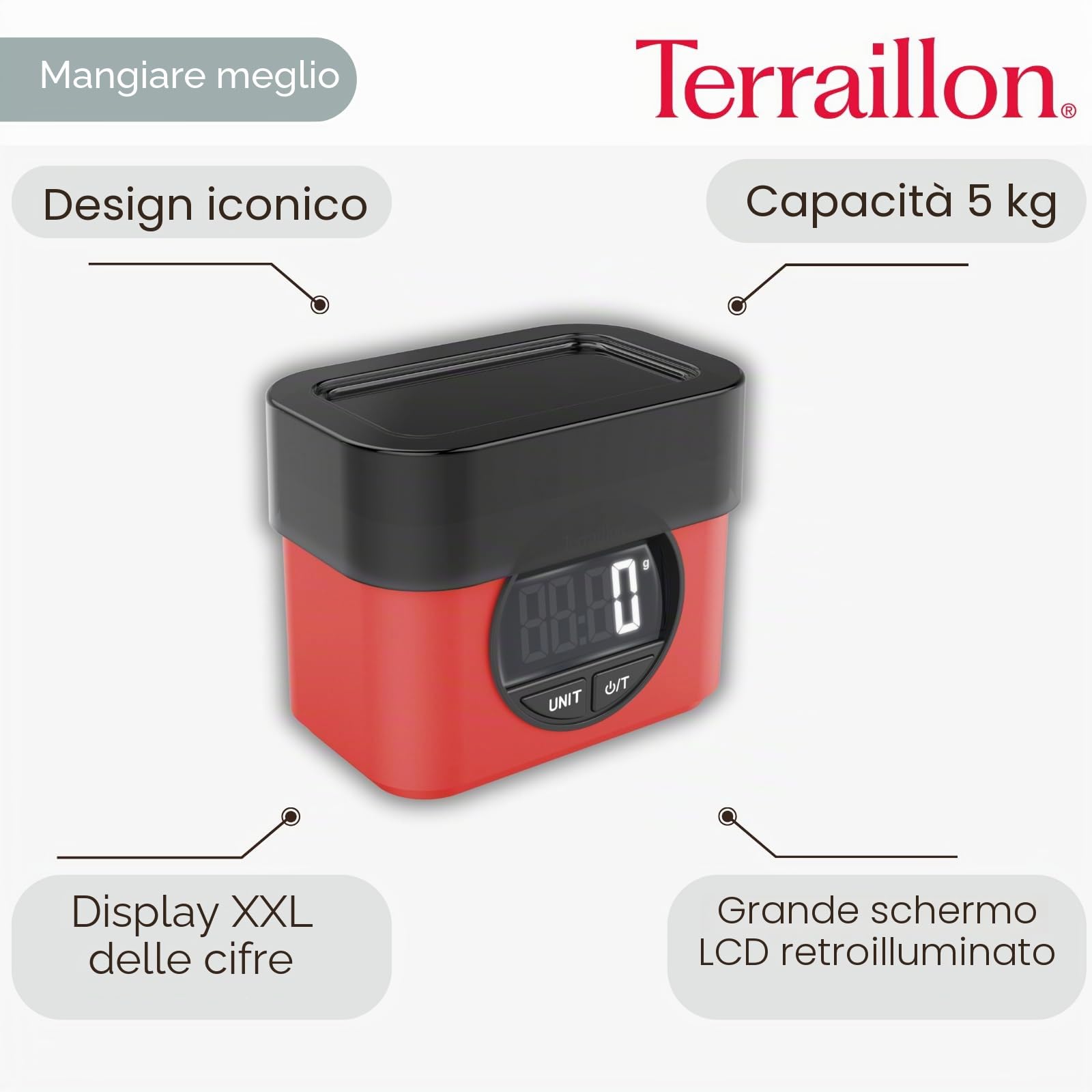 TERRAILLON - BA22 MITICA - Bilancia da cucina elettronica, design iconico e retrò, ciotola integrata 0,7L, grande schermo LCD, display numeri, funzione tara, rosso