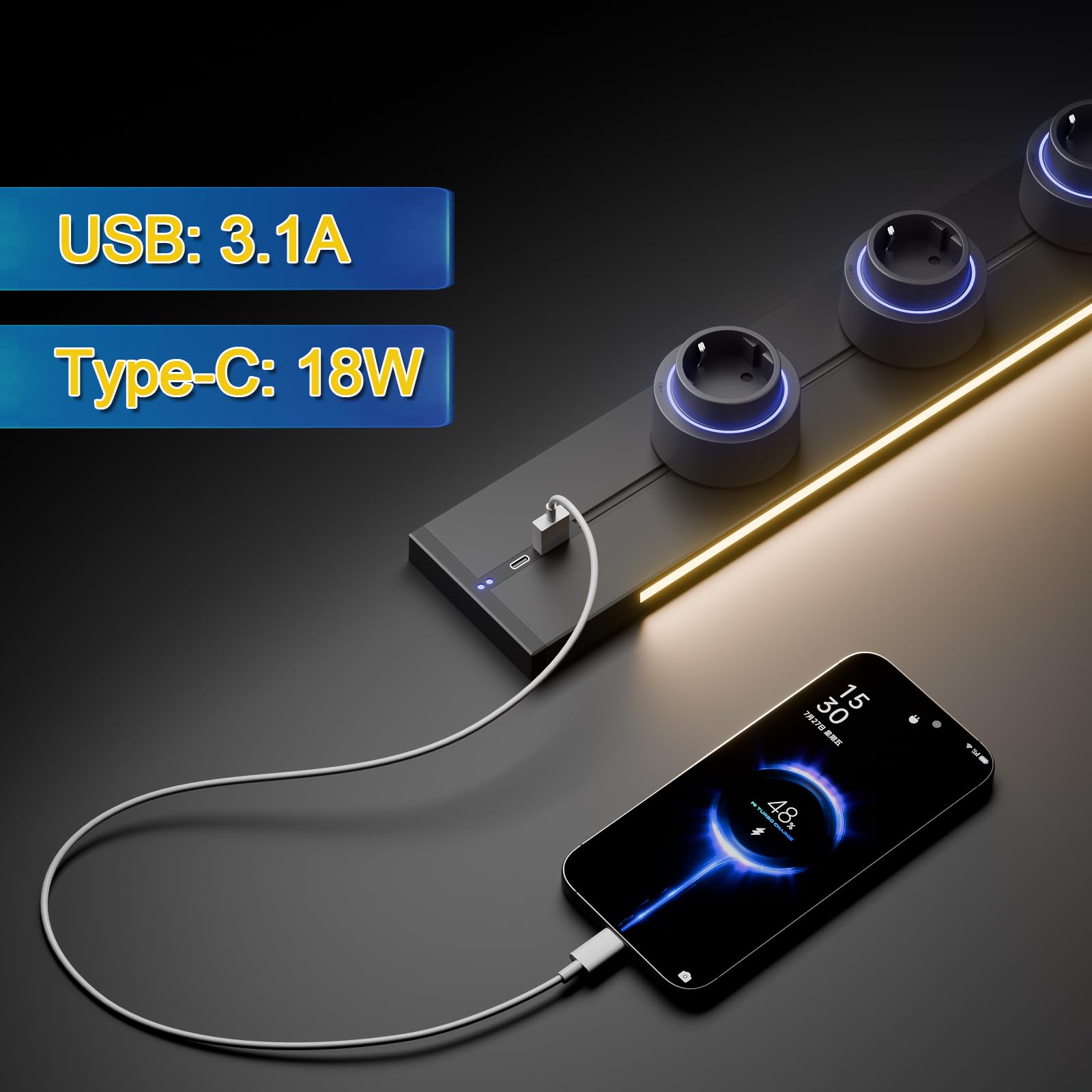 CNBINGO Steckdosenleiste Wandmontage,Stromschiene mit USB Ports Schwarz | Steckdosenschiene mit Schalter,Mehrfachsteckdose mit 4 Steckdosen Adaptern,Aufputz Steckdose für Küche, Büro, Werkstatt