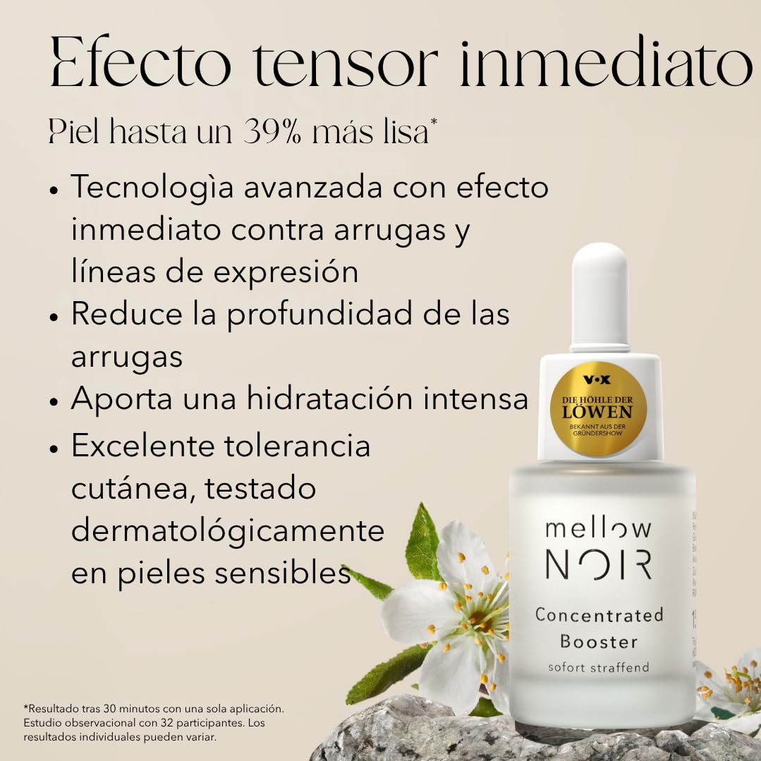 mellow NOIR Concentrated Booster 30ml | EFECTO REAFIRMANTE INMEDIATO | Sérum con Ácido Hialurónico para el Rostro | Sérum Contorno de Ojos | Tratamiento para Ojos y Rostro | Vegano