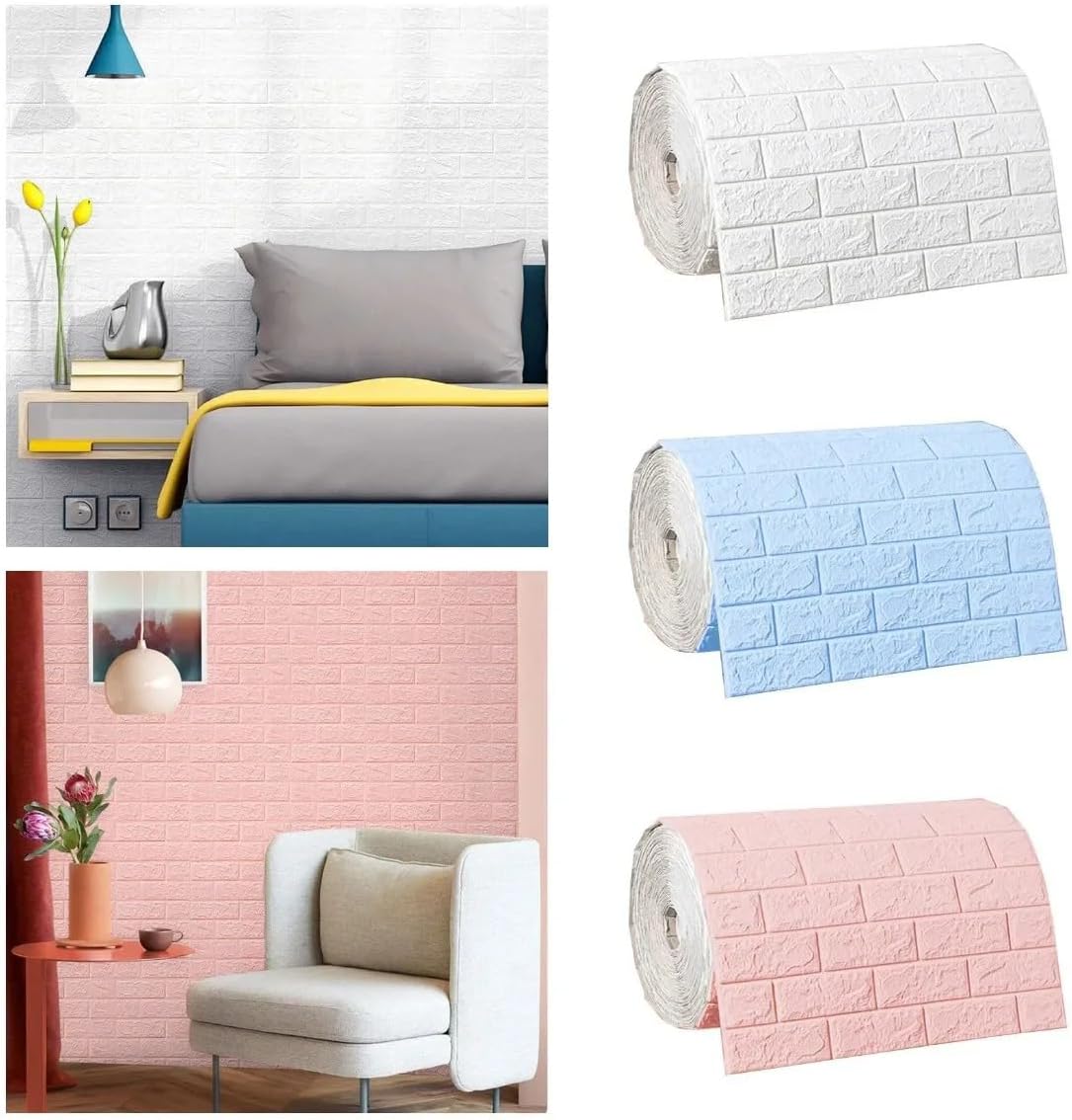 3D Faux Brick Wallpaper 27.5x196.8 Inches Waterproof Foam Wall Panels Peel and Stick Wall Tiles for Living Room Bedroom Background - 37.6 Sq. ft (Pink)