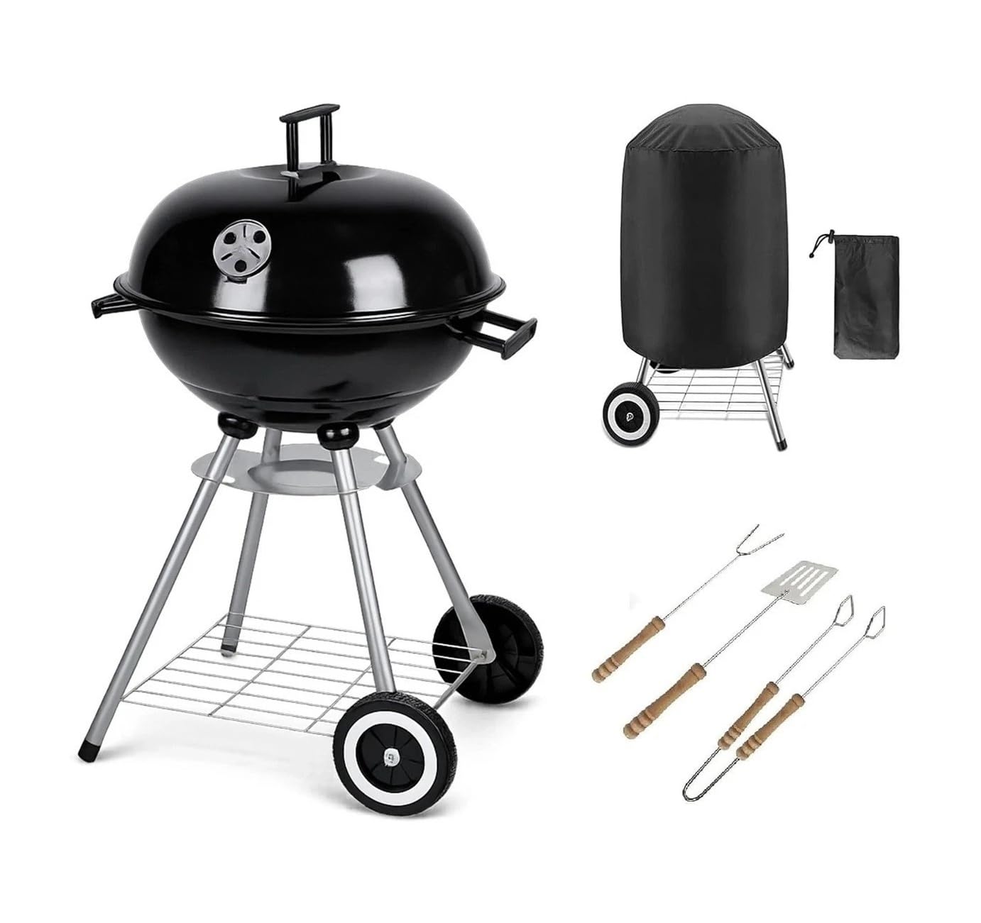 BBQ Grill Patio Portable Charcoal BBQ Kettle with Cover & Cooking Utensils Tools, heels Stand Garden Camping Caravan Outdoor Barbecue Ball Rounded Bbq on wheels Black 43.5 cm Stainless Steel