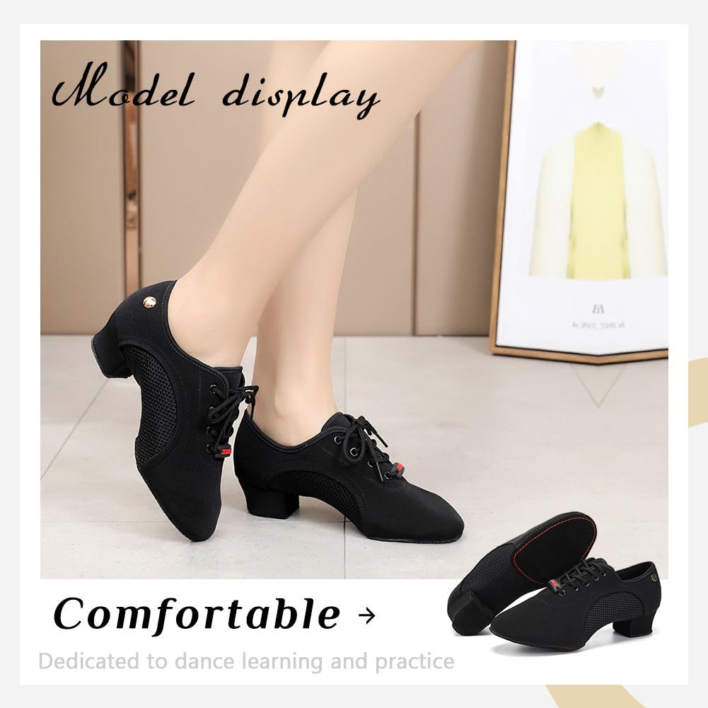 HIPPOSEUS Scarpe da Ballo Latino Donna Stringate con Punta Chiusa Tacco Basso Scarpa Allenamento da Ballo Moderno e Salsa