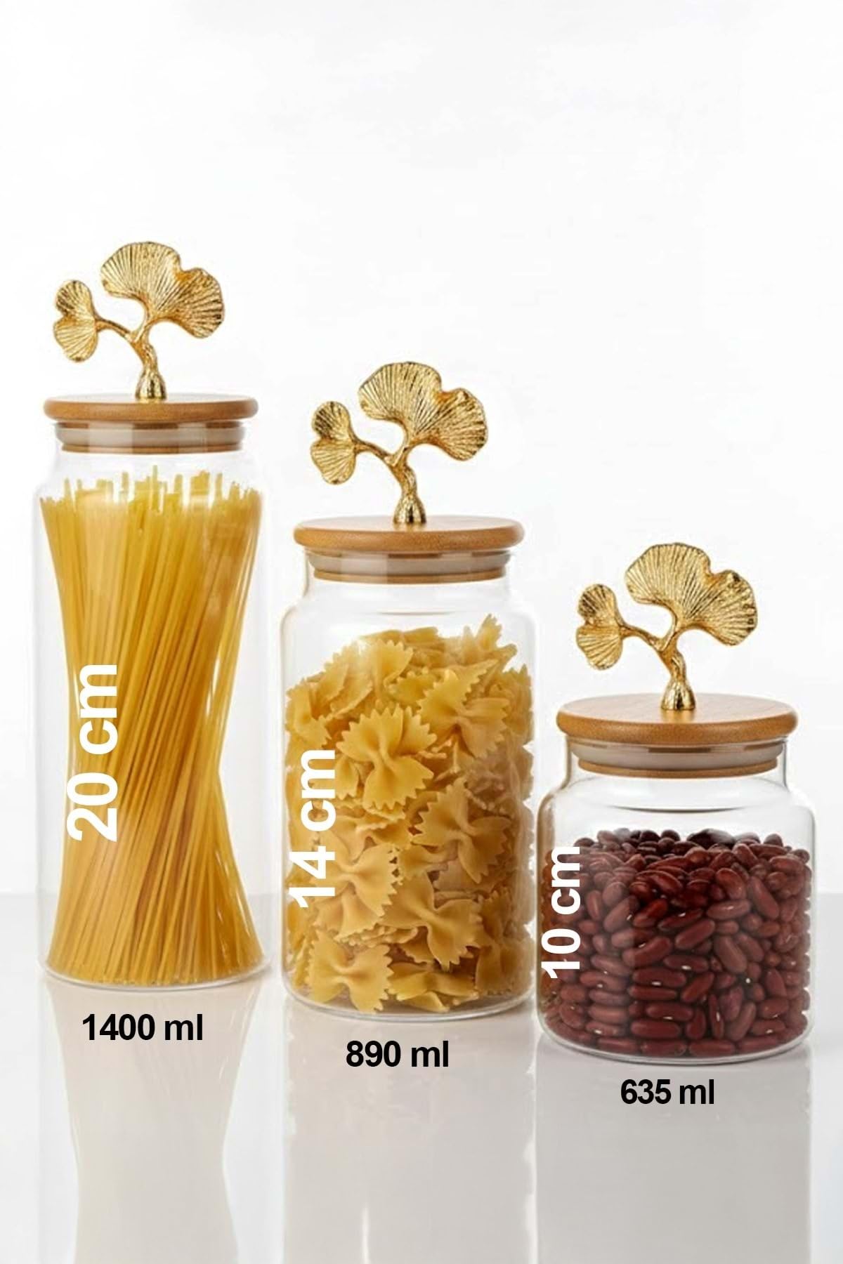 Jenısa 3'Lü Bambu Kapaklı Metal Ginkgo Figürlü Şeffaf Cam Kavanoz Şeffaf Cam Saklama Kabı 635/890/1400Ml