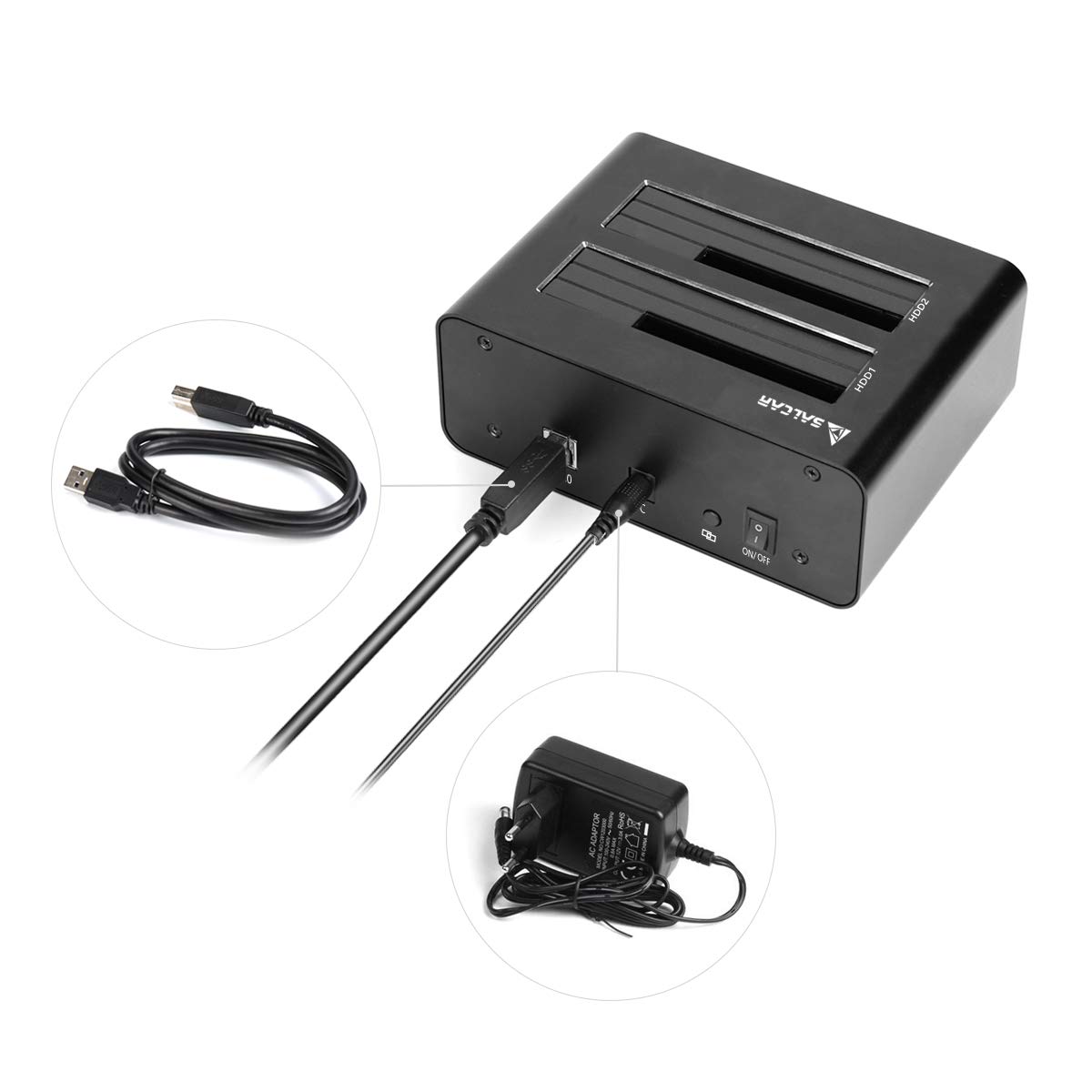 Salcar Aluminum HDD Dock USB SATA Dual Bay Super Speed USB 3.0 con hub USB 3.0 e porta di ricarica USB rapida per HDD e SSD SATA I / II / III da 2,5 pollici e 3,5 pollici