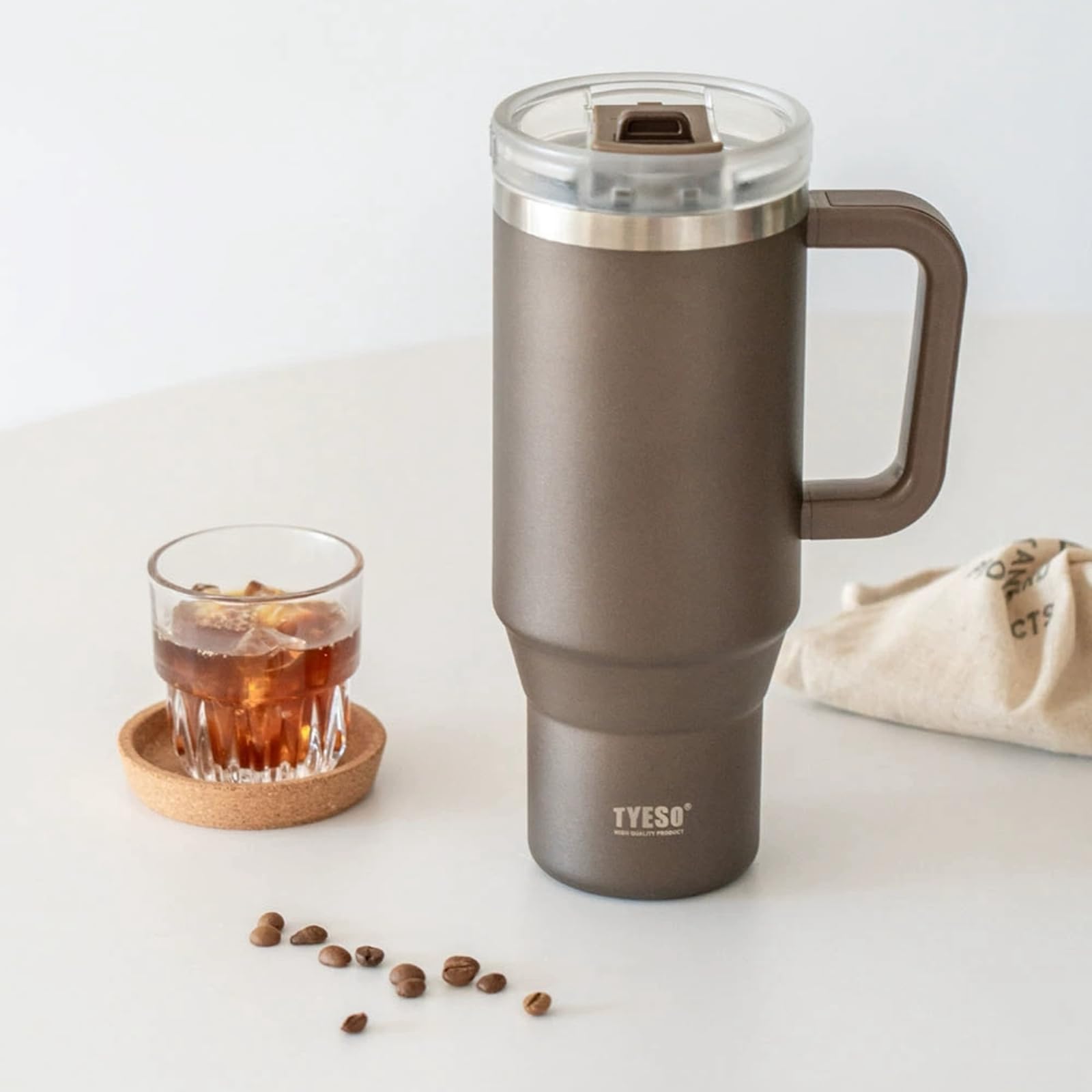 Tasse à café de voyage avec poignée, gobelet de 1200 ml avec couvercle verrouillable, bouteille d'eau isotherme en acier inoxydable avec paille, gobelet de voyage étanche et portable pour boissons