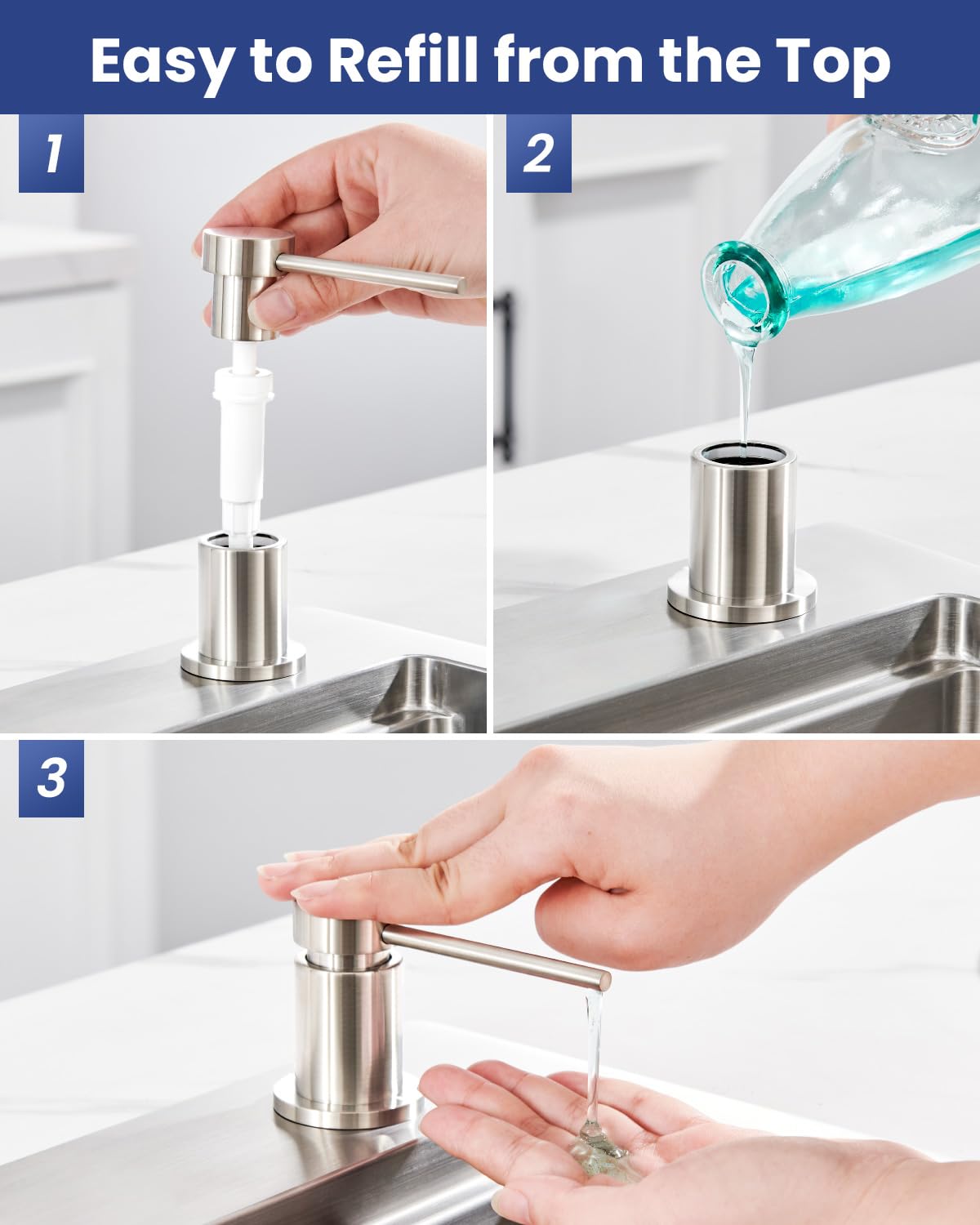 Seifenspender Küche Einbau, Spülmittelspender mit Edelstahlmuttern, Seifenspender Edelstahl mit 300ml Flasche und 1,25m Verlängerungsschlauch, Soap Dispenser aus Kupfer, Gebürsteter Edelstahl