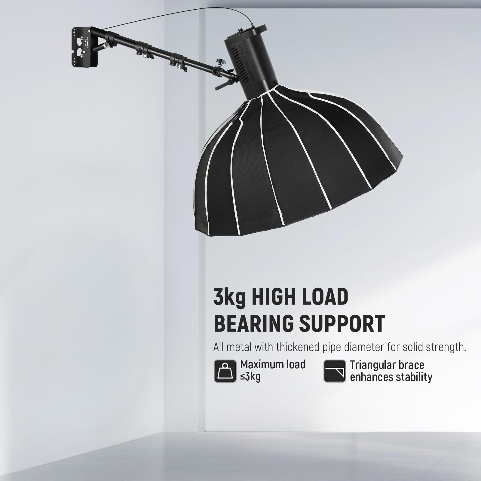 Wysięgnik ścienny do lampy pierścieniowej NEEWER, 55-116 cm, obrotowy 180°, trójkątny uchwyt ścienny do fotografii, lampa błyskowa, monolight, softbox, parasol, reflektor, aluminium, udźwig 3 kg