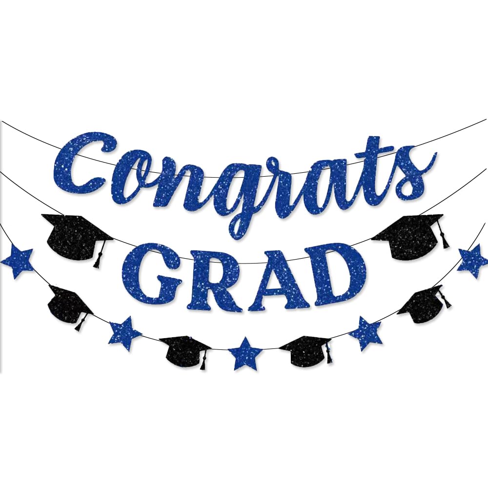 Congrats Grad Banner Blue Gold Glitter Congratulations Grad Cap Star Garland for Class of 2026 Graduation Party Decorations