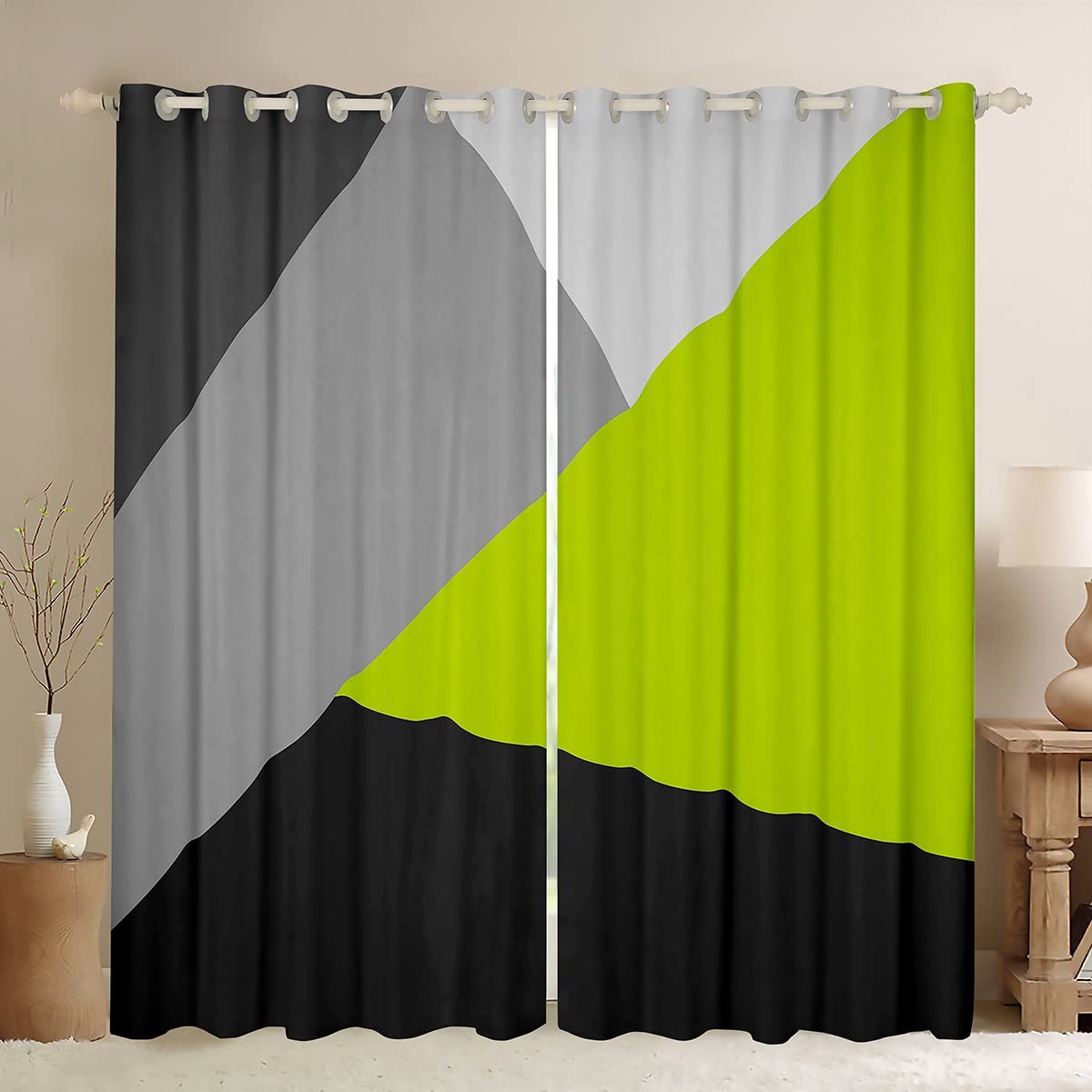 Homewish Lime Green Black Grey Blackout Curtains Geometric Triangle Window Curtains 46"X72" Patchwork Curtains & Drapes For Bedroom Living Room Modern Abstract Window Treatments 2 Panels