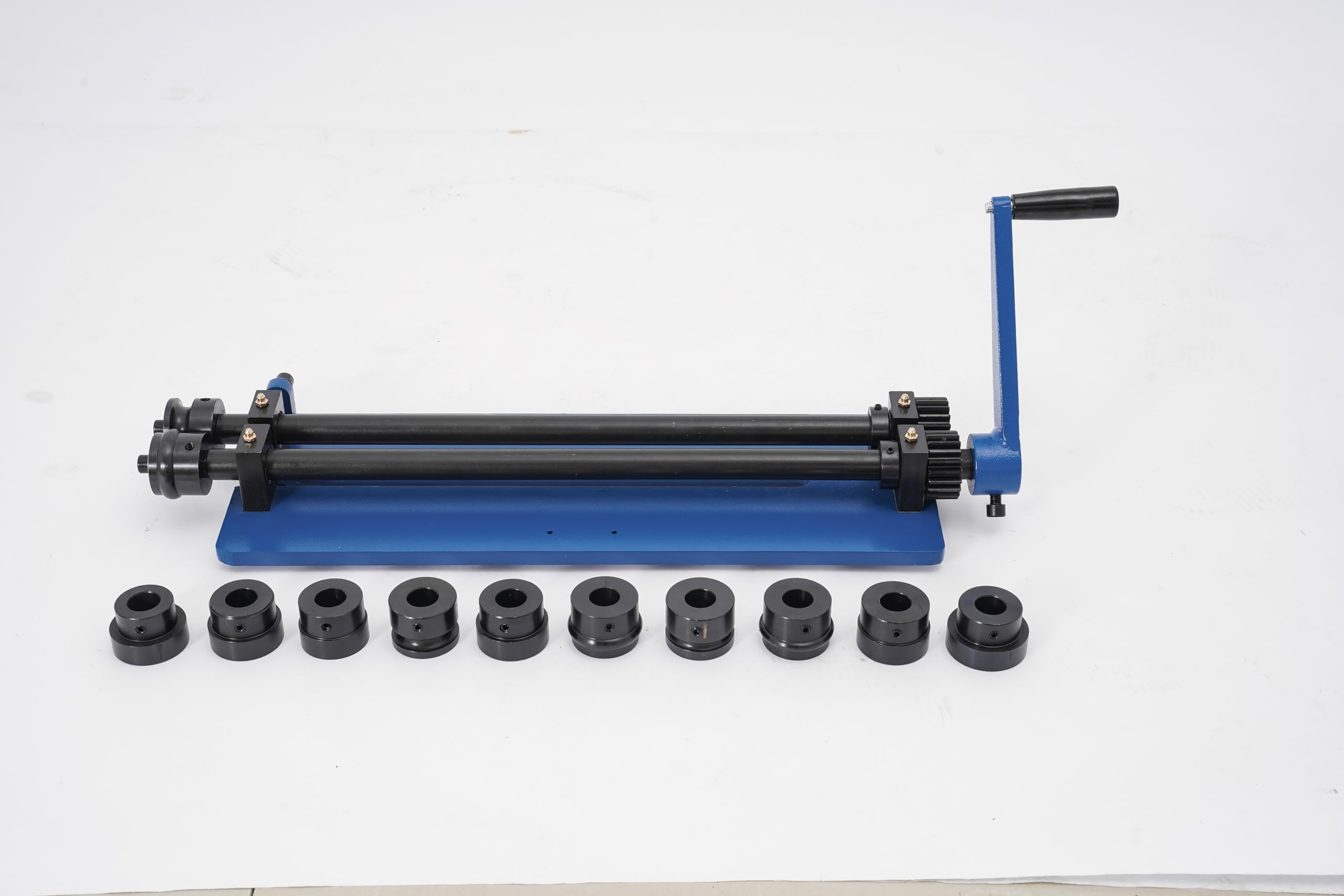 Máquina dobladora redonda de 18 pulgadas, 46 cm, acero azul, dobladora manual, máquina de rebordear, banco doblador, herramienta de rodillo de perlas con 6 juegos de dados para talleres de chapa