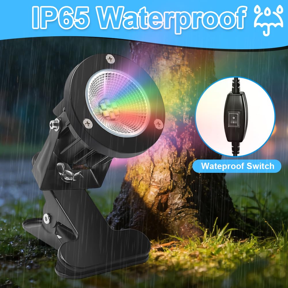 Foco LED de Pinza, 6W con Mando a Distancia & Interruptor Impermeable, Cable 3m & Enchufe EU, IP65 Resistente al Agua, Iluminación Interior Exterior Jardín Terraza, 15 Luz RGB + Luz Cálida