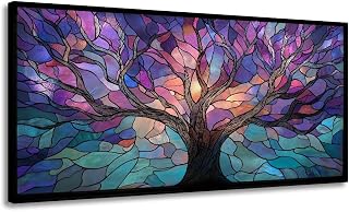 GAFSING Purple Teal Pink Stained Glass Tree of Life Canvas Wall Art - Modern Abstract Nature Print for Living Room, Bedroom, Office Decor