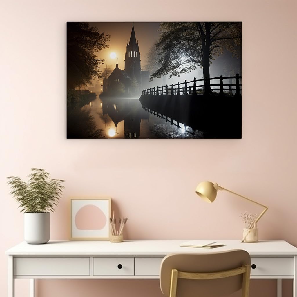 Canvas for Living room. Whispers of Eternity: A Mist-Shrouded Church by the River, 27 x 18 inch Canvas Wall Art - Contemporary Masterpieces - Modern Home Decor