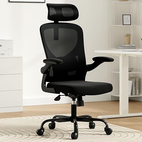 Miniatura 2 de Silla de oficina ergonómica con reposacabezas, malla de respaldo alto, altura ajustable de 17.7-21.3 pulgadas, capacidad de 300 libras, color negro