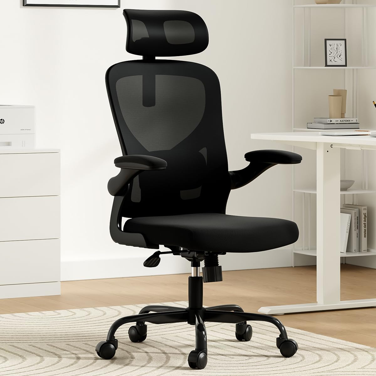Ergonomic Office Chair Mesh Office Chairs with Adjustable Lumbar Support Headrest Flip-Up Arms Swivel Rolling Computer Desk Chair