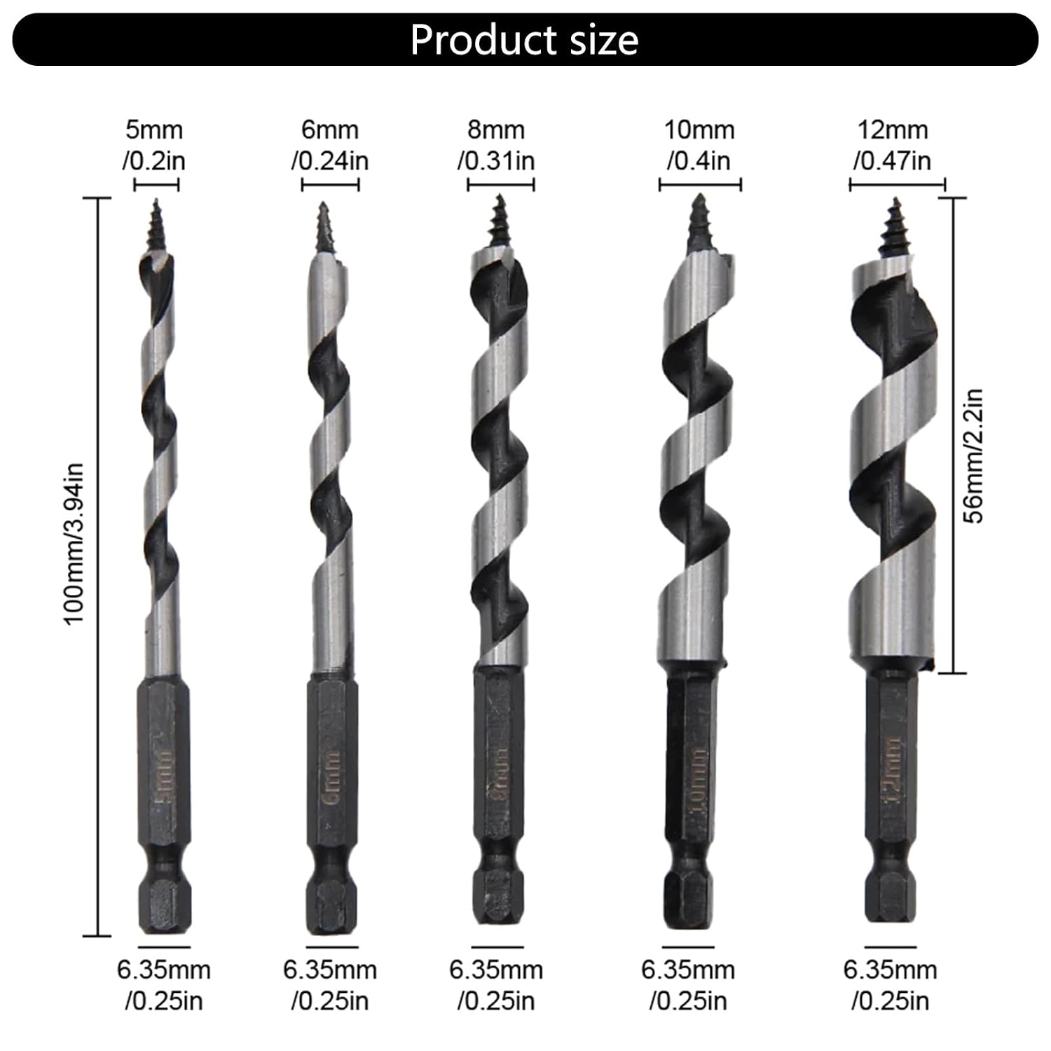 5Pcs High Carbon Steel Craftsperson Auger Bits Set for Woodworking with Hexagonal Handle Roller Drill Twist Drill Bits