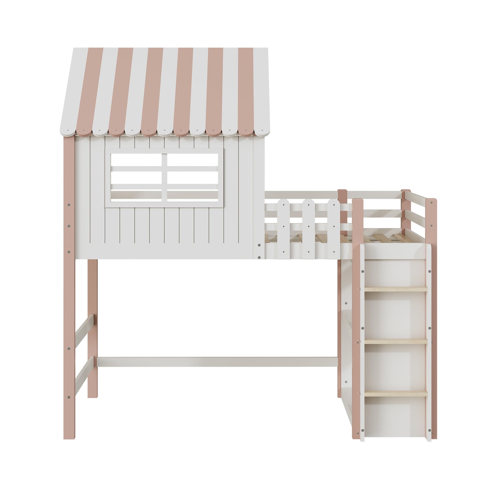 Merax Hochbett 90x200 cm, Kinderbett aus Massivholz mit Treppe, Hausbett Rausfallschutz mit Stauraum, für Jungen & Mädchen, Rosa (Ohne Matratze)