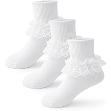 Funjoon 3 Pack Girls Ruffle White Socks Toddler Dress Lace Frilly Socks for Little Girls