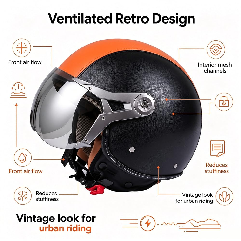 Casco Jet Classic Vintage in Pelle Con Visiera, ECE 22.06 Omologato, Per Donna Uomo Scooter Chop Ciclomotore Retrò Pilota di Moto a Mezza Calotta (57-62cm)