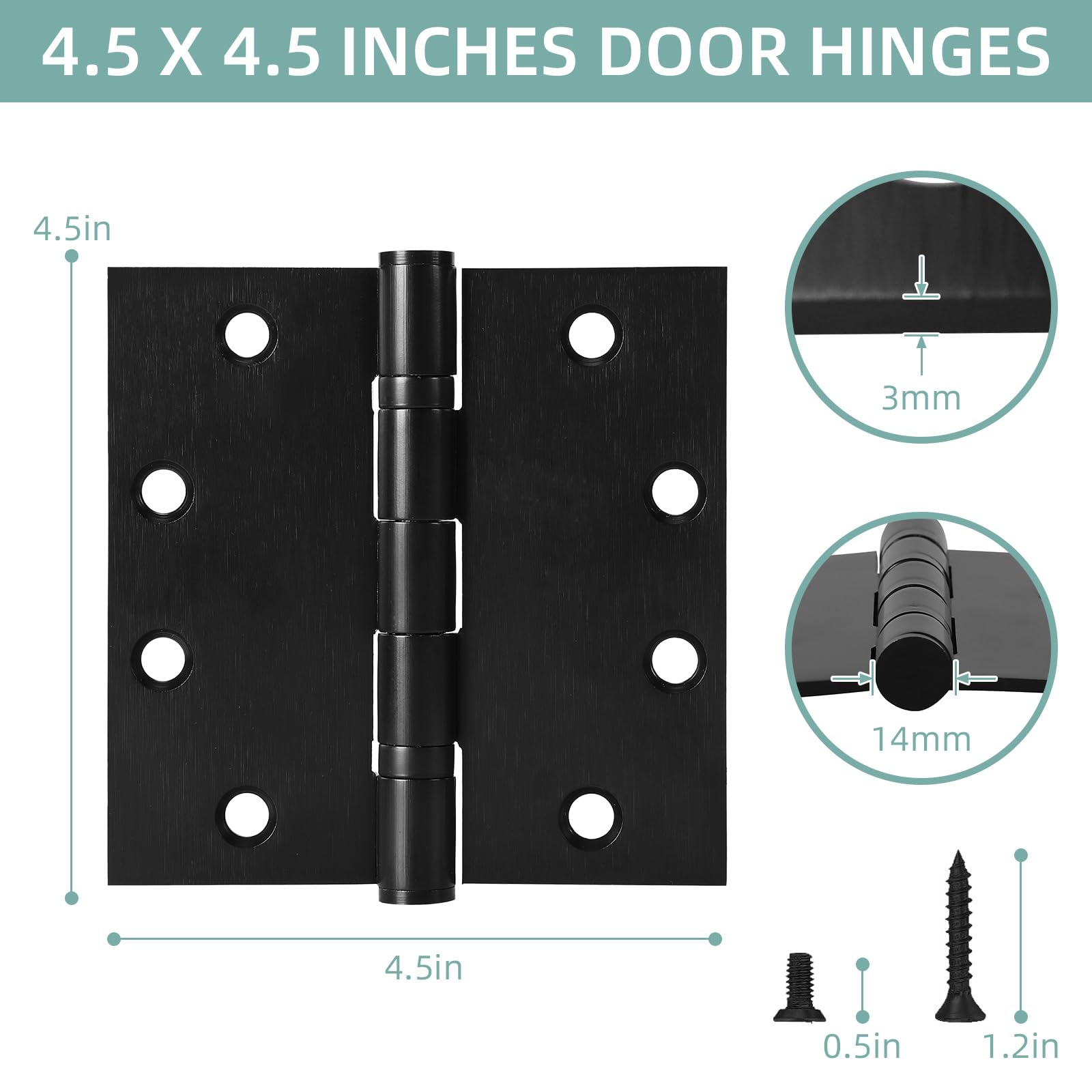 Paquete de 6 bisagras de puerta de 4.5 x 4.5 pulgadas, bisagras de acero inoxidable resistentes con rodamientos de bolas con esquinas cuadradas, color negro